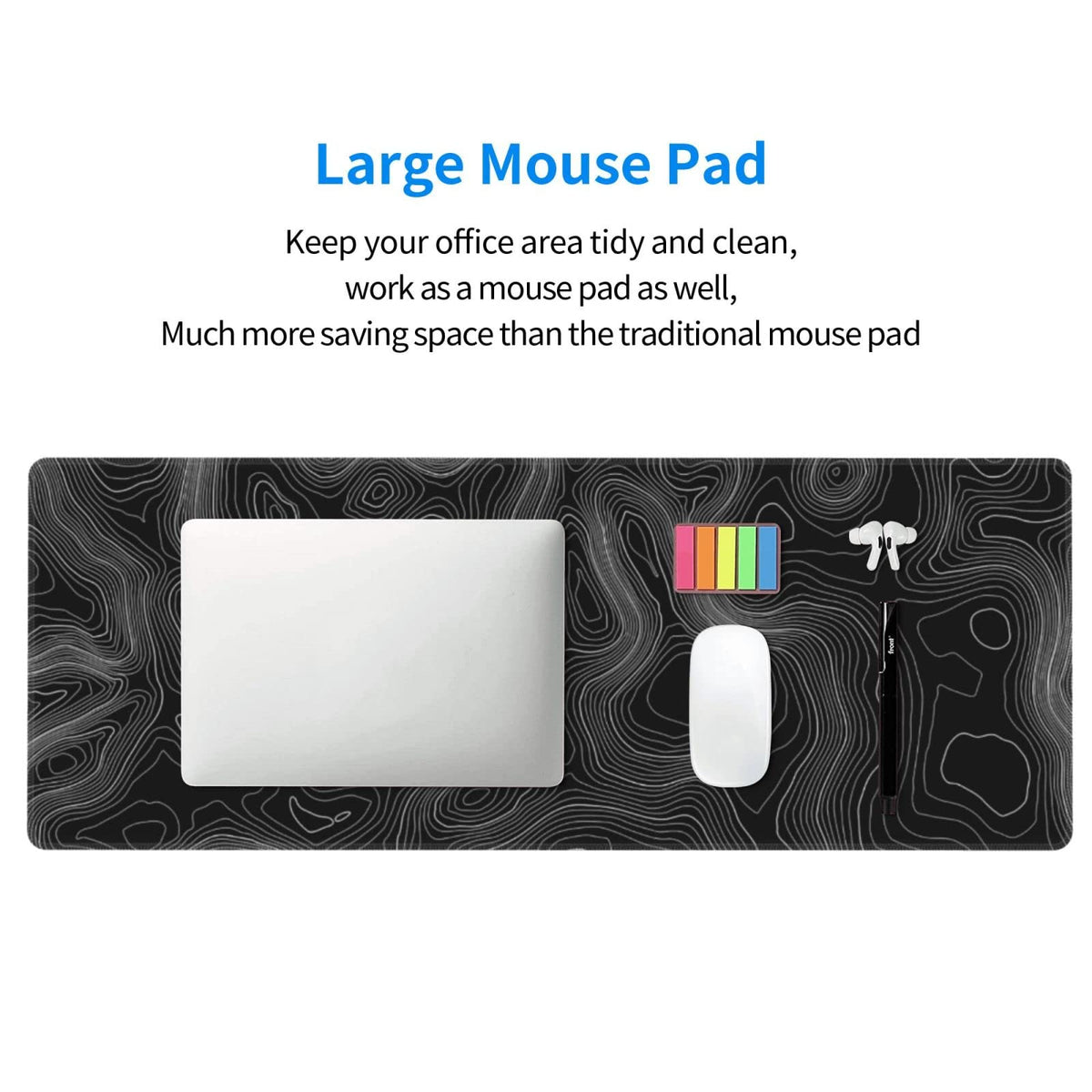 Topography Map Lines Contour Geographic Black XXL XL Large Gaming Mouse Pad for Desk, Non-Slip Long