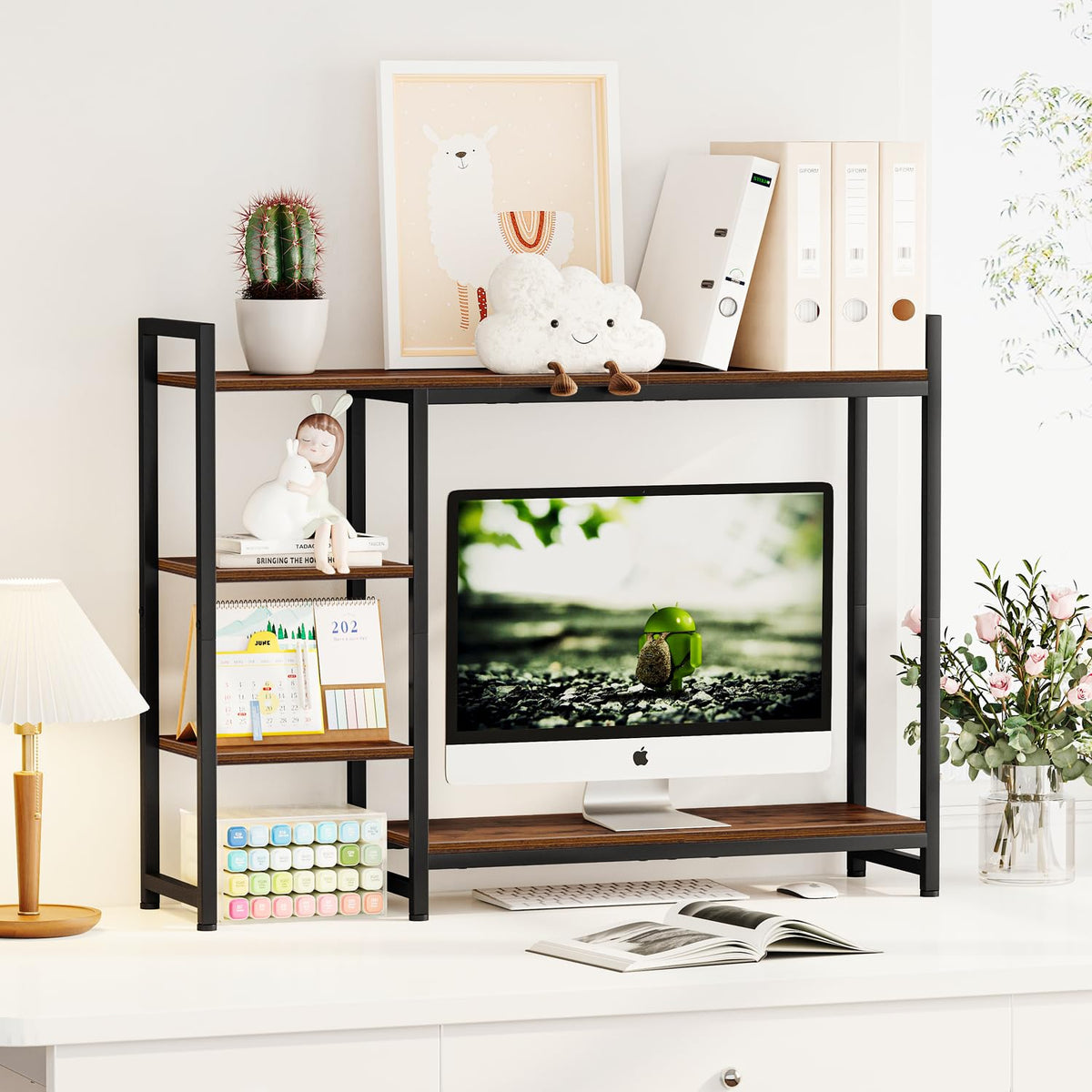 Snughome Adjustable Desk Shelf with Monitor Stand, 38.6" Desktop Organizer Hutch, Height Adjustable