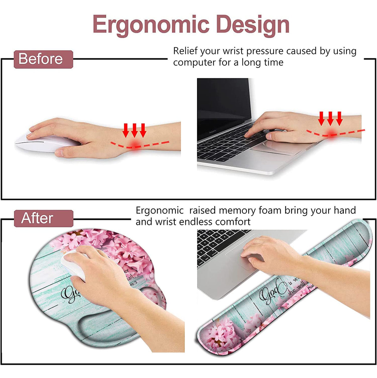 Mouse Pad with Wrist Support, Ergonomic Gel Mouse Pad Beautiful Flowers,Pink Hyacinths on Wood