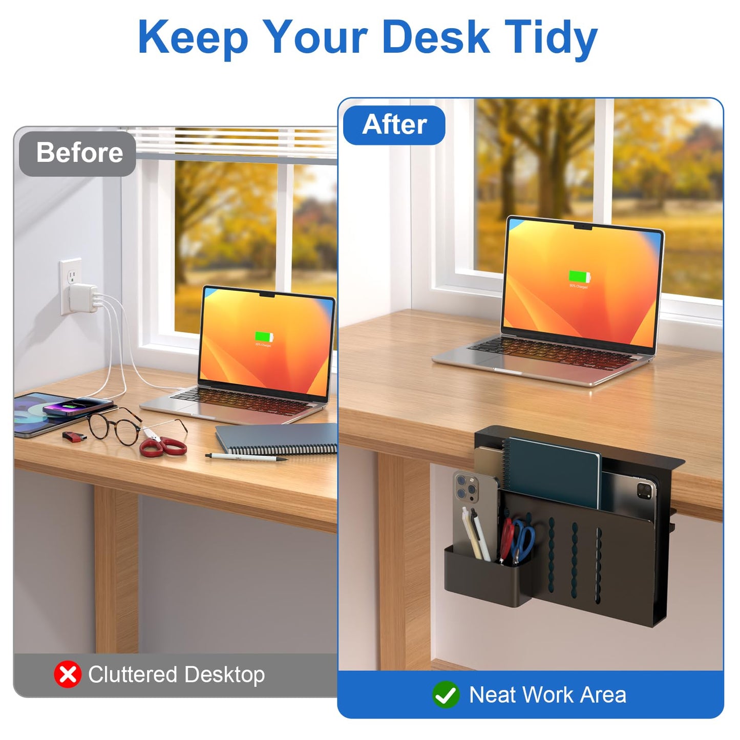 HAMOPY Desk Side Storage, Single-Layer Steel Hanging Desk Organizer with Magnetic Pen Holder, No