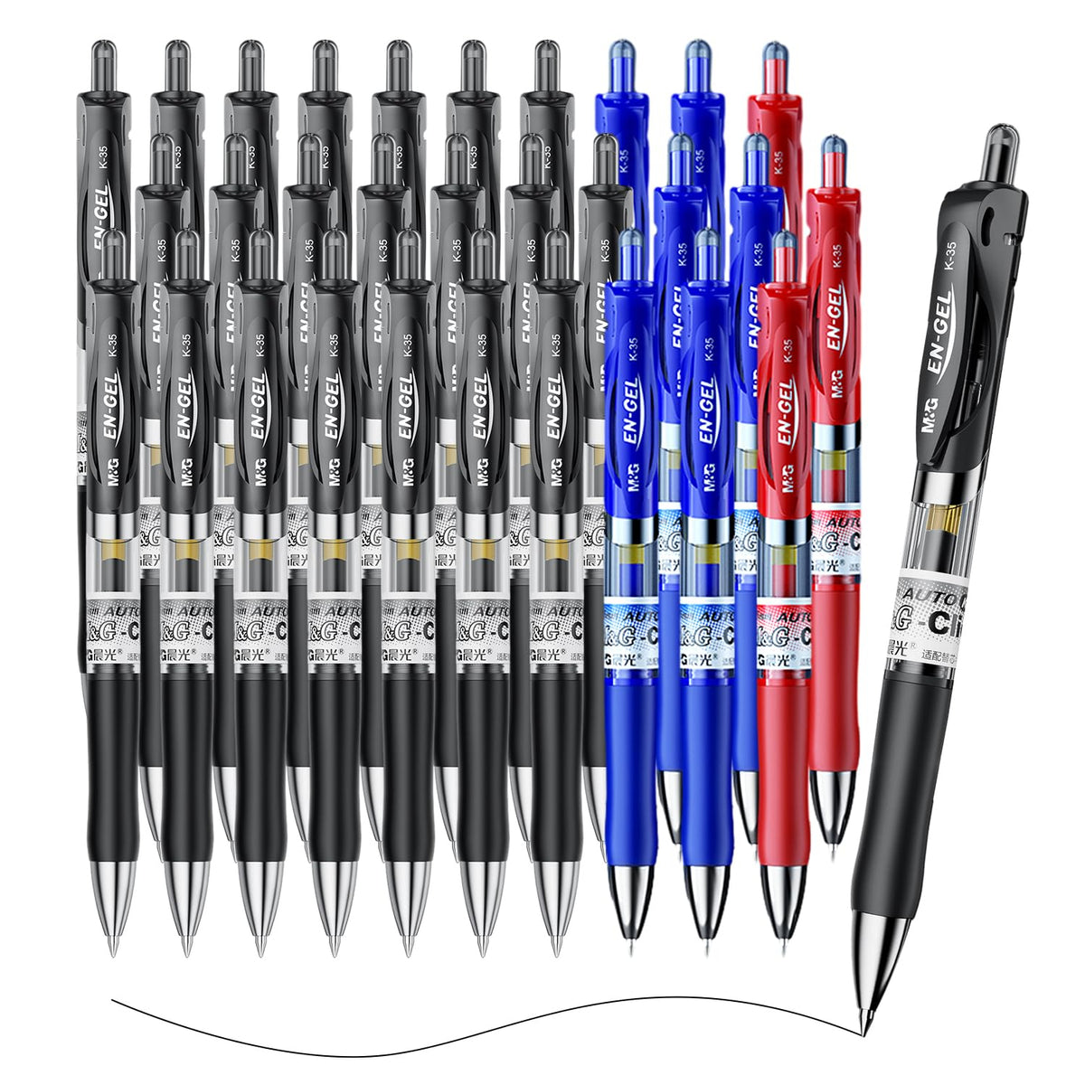 M&G 30 Pcs Retractable Gel Pens, 0.5mm Fine Point, 21 Black, 6 Blue, 3 Red