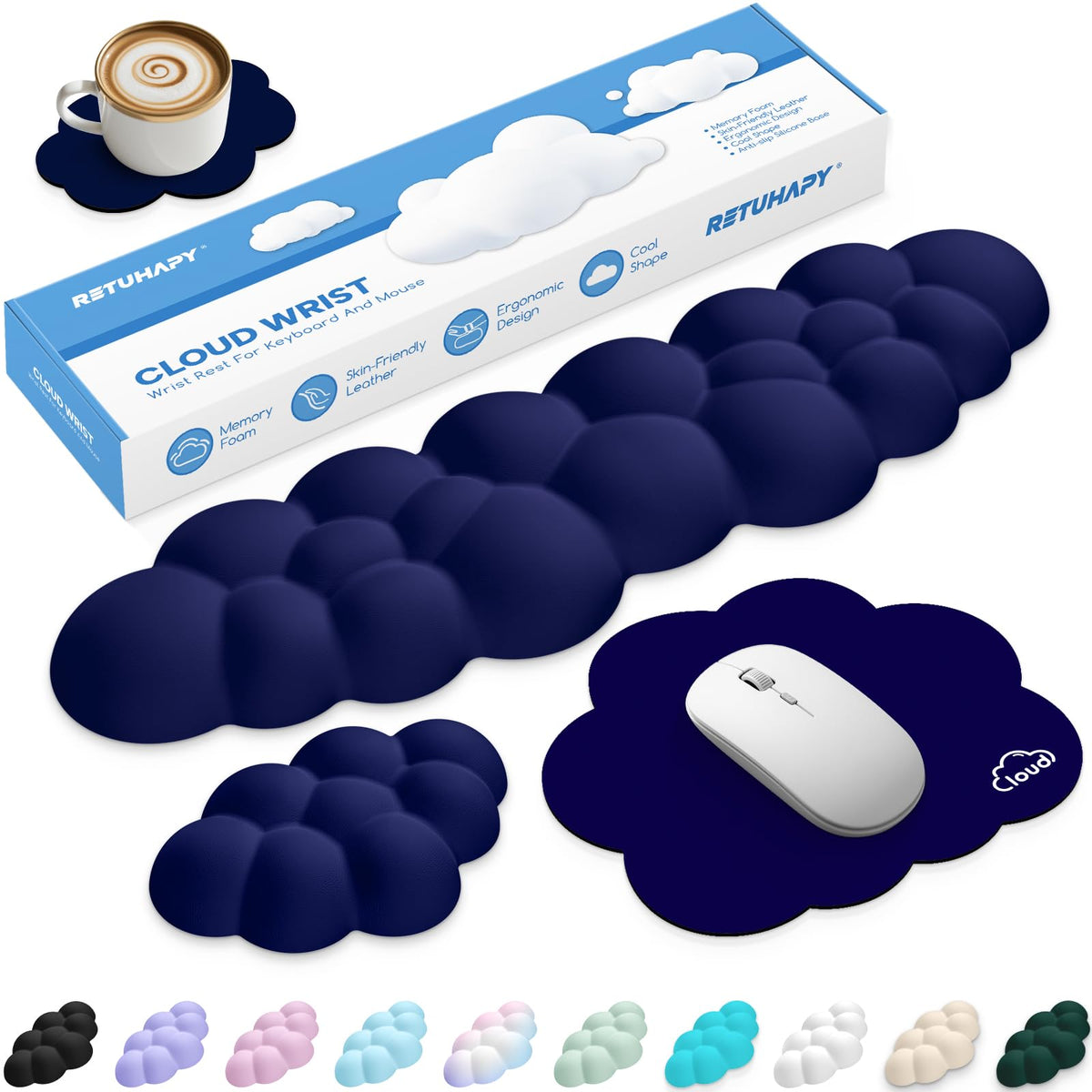 Retuhapy Cloud Wrist Rest Keyboard Cushion and Cloud Mouse Pad, Dark Blue