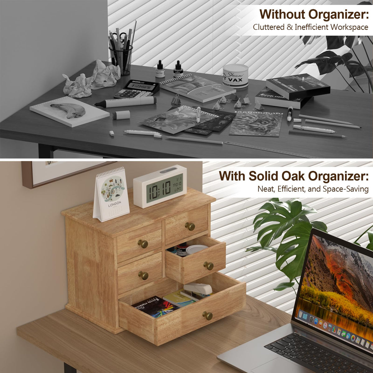 Oak Desk Organizer with Drawers, Durable Wooden Desktop Storage Box