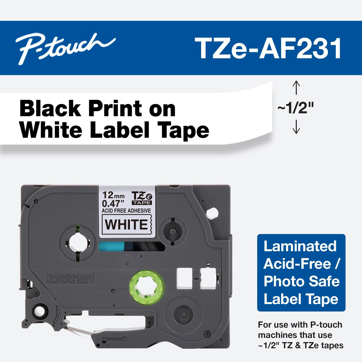 Brother Genuine P-touch TZE-AF231 Tape,1/2" (0.47") Wide Acid-Free Adhesive Laminated Tape, Black