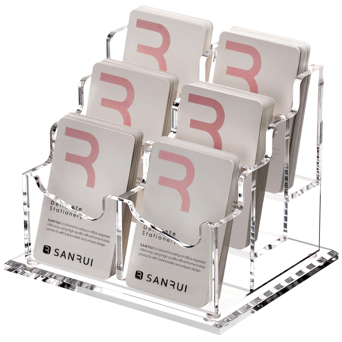 SANRUI Vertical Business Card Holder for Desk，Clear Acrylic Business Card Display Stand，6 Slots 3
