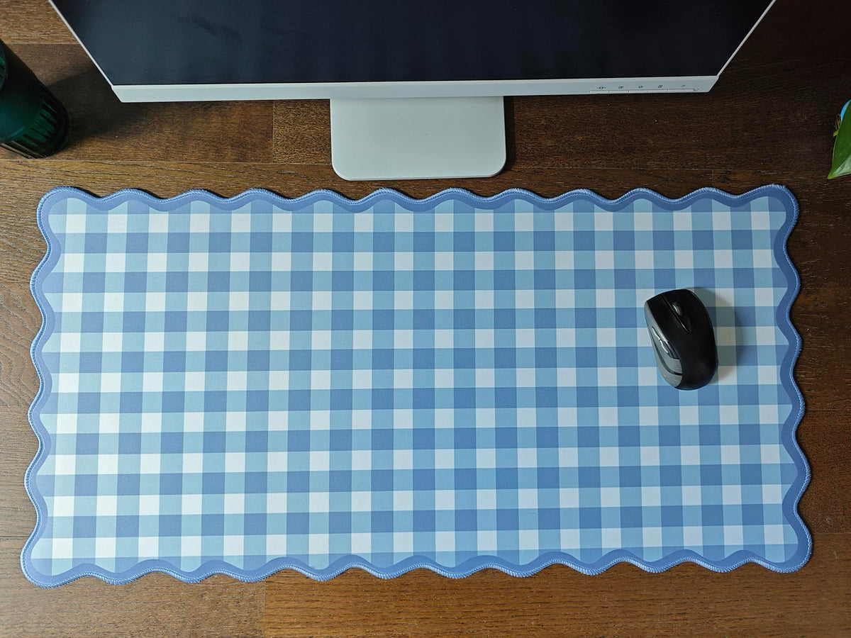 ohisxiacy Scalloped‌ Blue Checkered Gingham Desk Mat Cute Pastel XXL Large Gaming Mouse Pad Kawaii