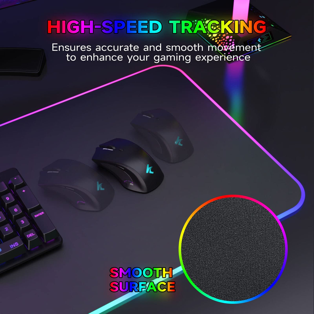 Hcman RGB Gaming Mouse Pad, Large Mousepad with Led Light, PC Gaming Accessories Black Keyboard Pad