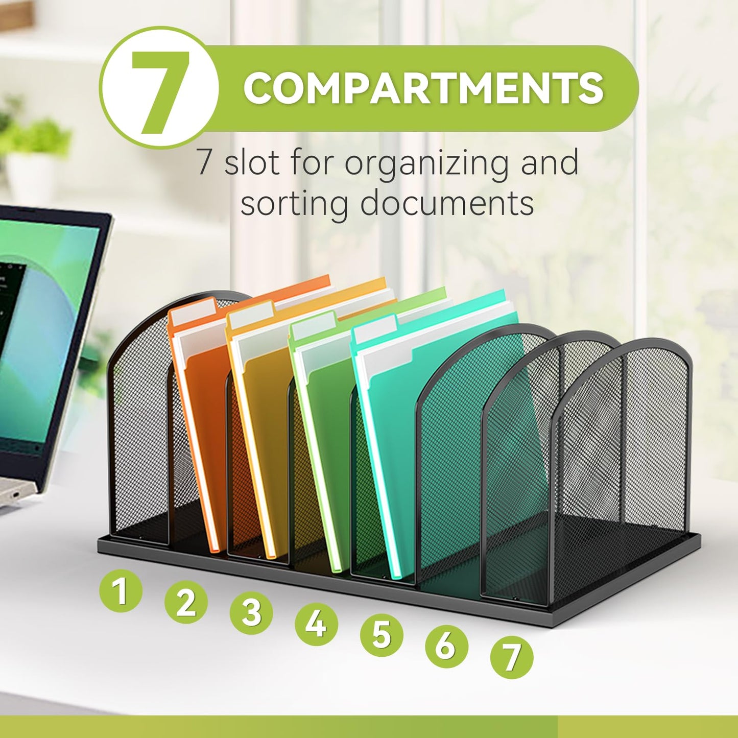MINDEPOT Desk File Organizer 7 Sections Upright Mesh File Sorter Organizer for Desk, Office