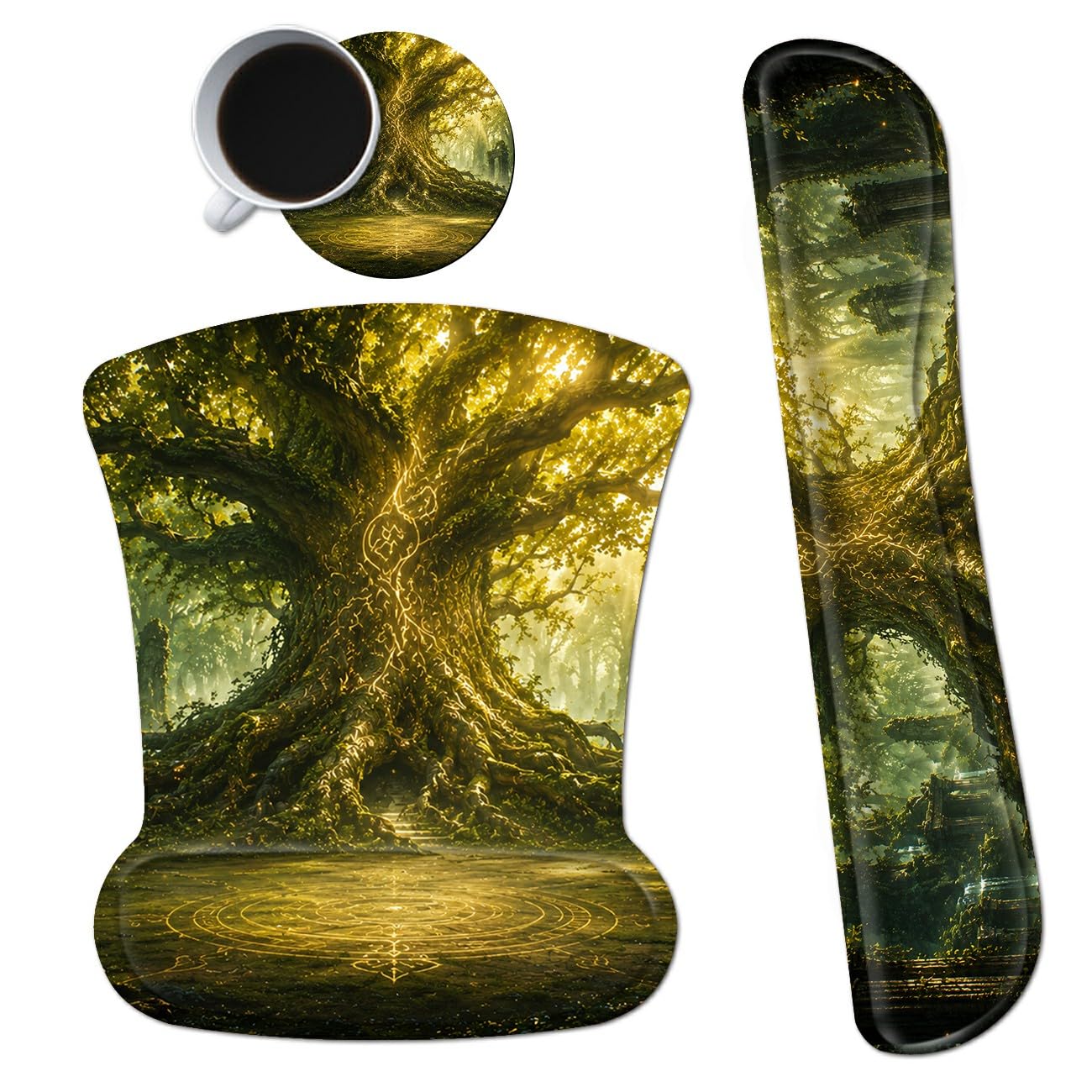 3-in-1 Ergonomic Memory Foam Keyboard Wrist Rest Pad Set, Forest Trees
