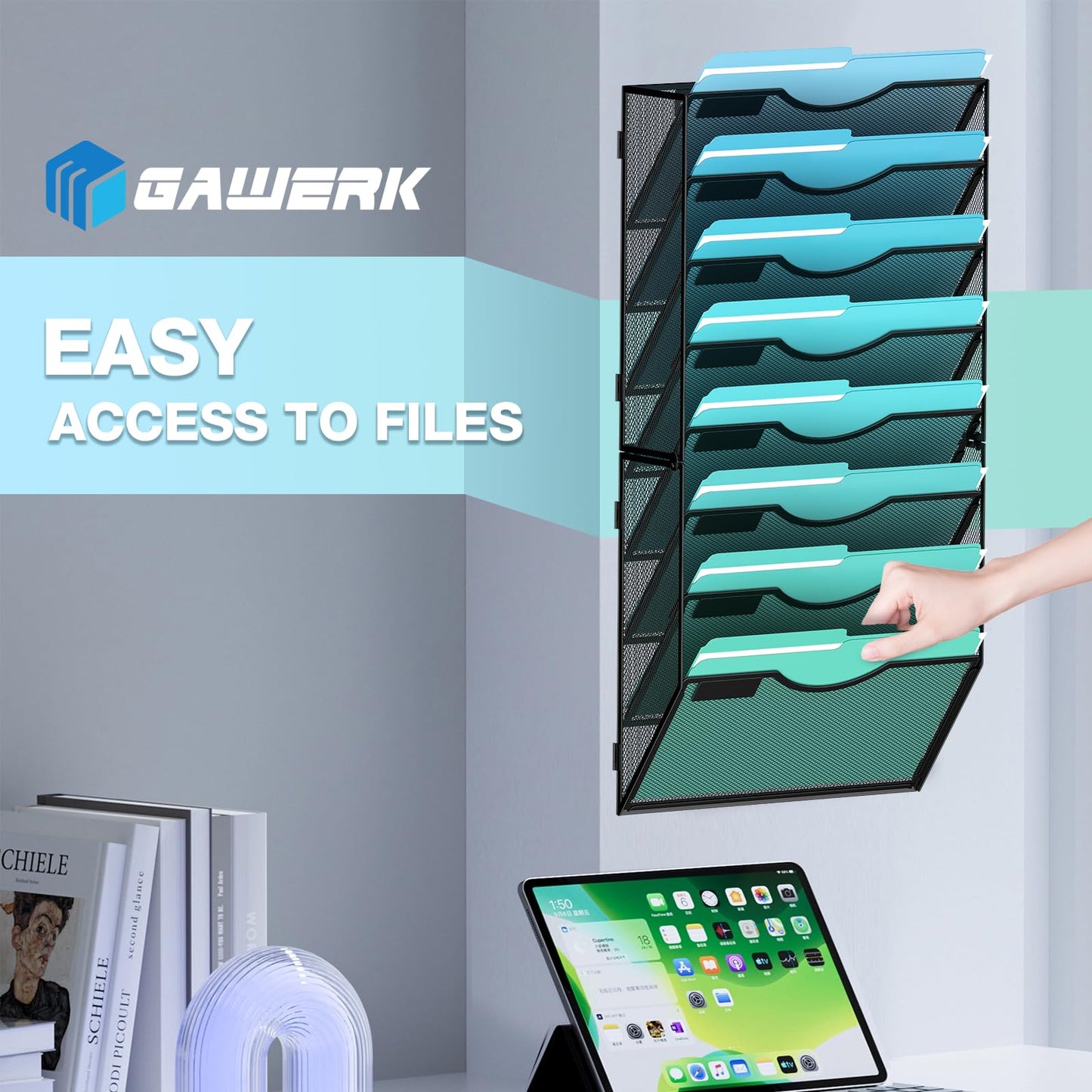 Gawerk 8-Tier Wall File Organizer Hanging Wall File Holder Wall Mount Paper Folder Organize, Mesh