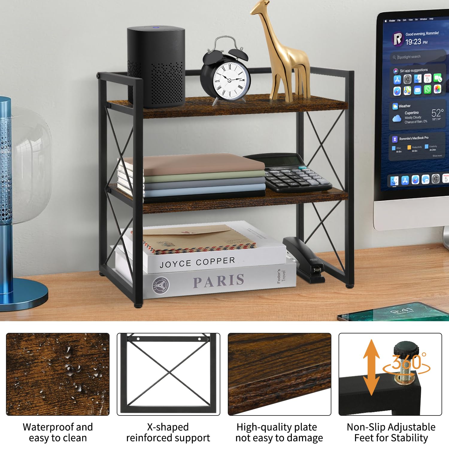 YINMIT Desktop Shelf Organizer, 2 Tier Office Shelves, Wood Desk Organizer Storage Rack and