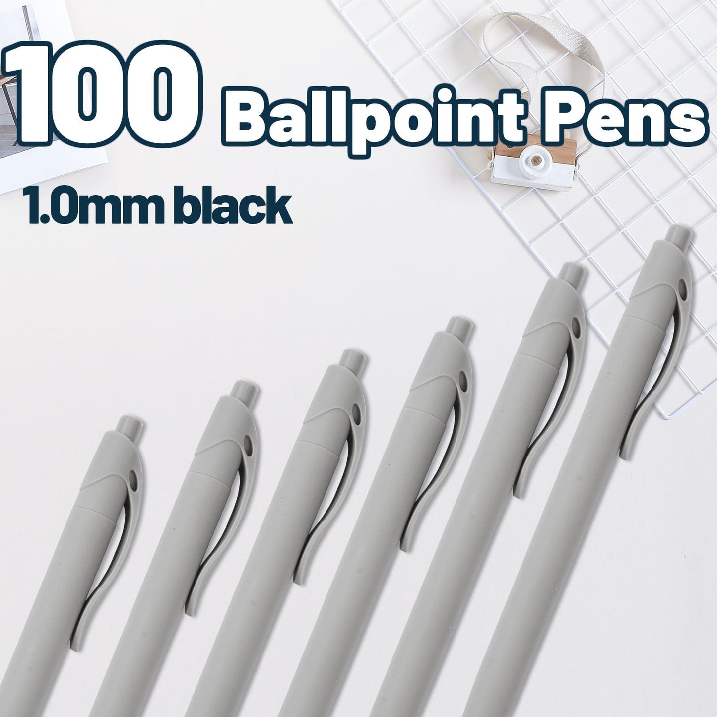 Wiaziert BallPoint Pens, 100 Pack (BLACK Ink),Bulk Pens, Grey Barrel,Click Pens for Office Home and