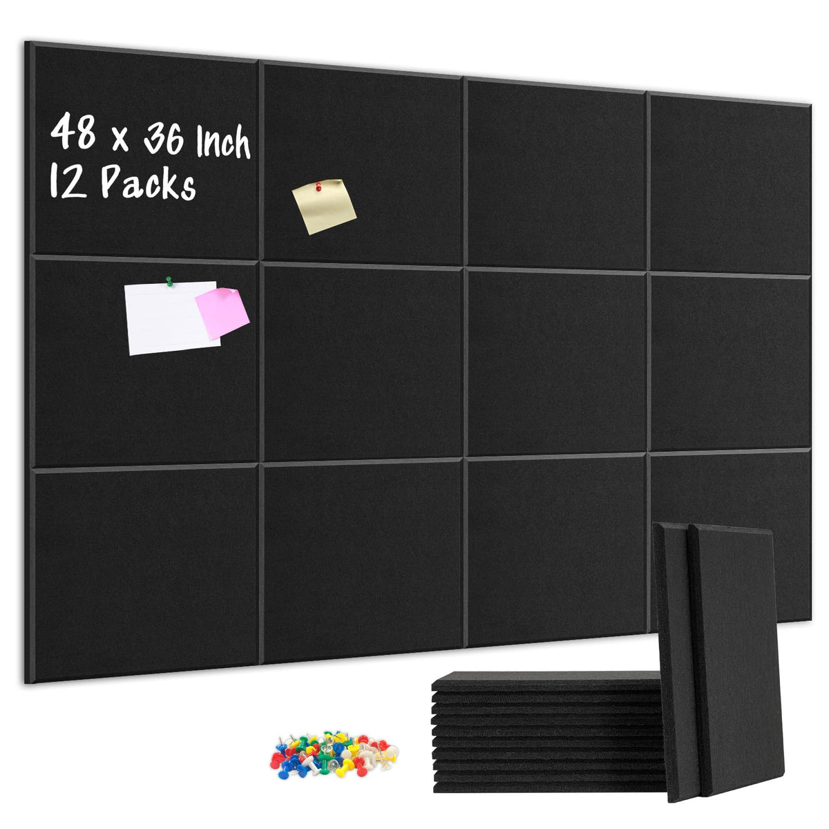 DOLLAR BOSS Felt Cork Board Tiles 48" x 36" Bulletin Board, 12 Pcs Black
