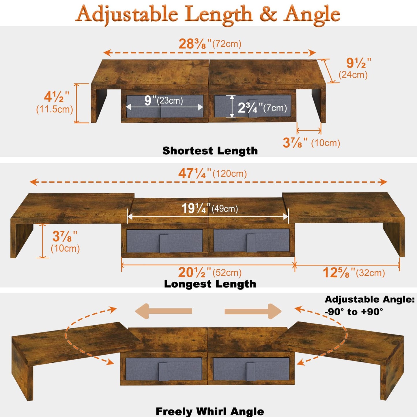 TEAMIX Dual Monitor Stand Riser - Length and Angle Adjustable White Monitor Stand with 2 Drawers to