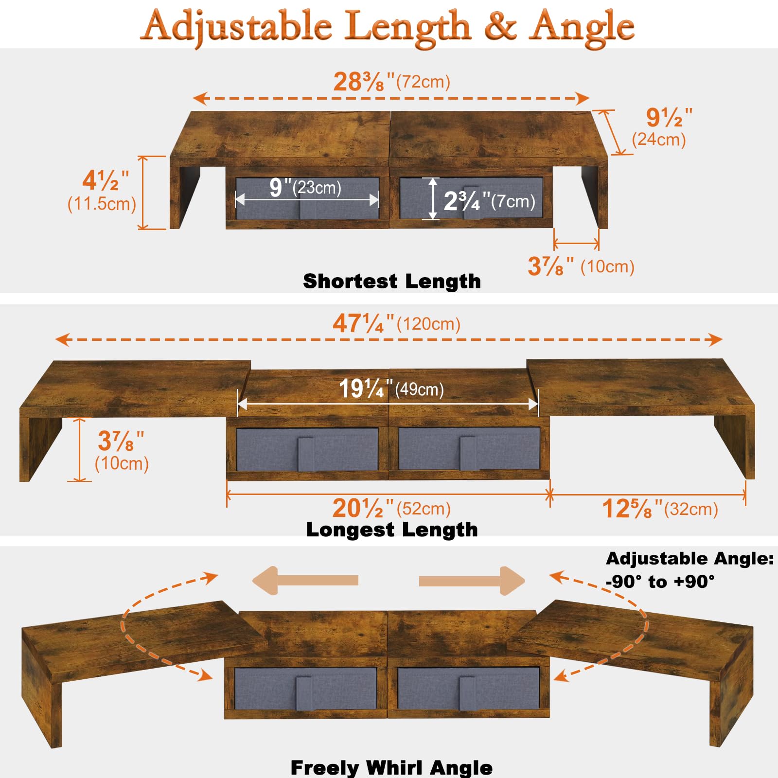 TEAMIX Dual Monitor Stand Riser - Length and Angle Adjustable White Monitor Stand with 2 Drawers to