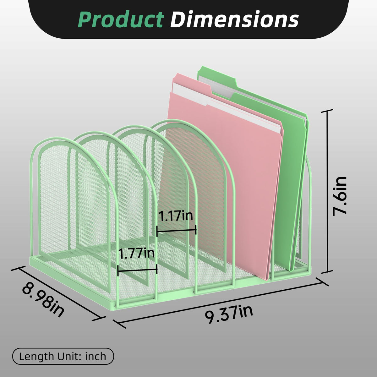 5-Section File Organizer for Desk, Metal File Folder Holder, Mint Green