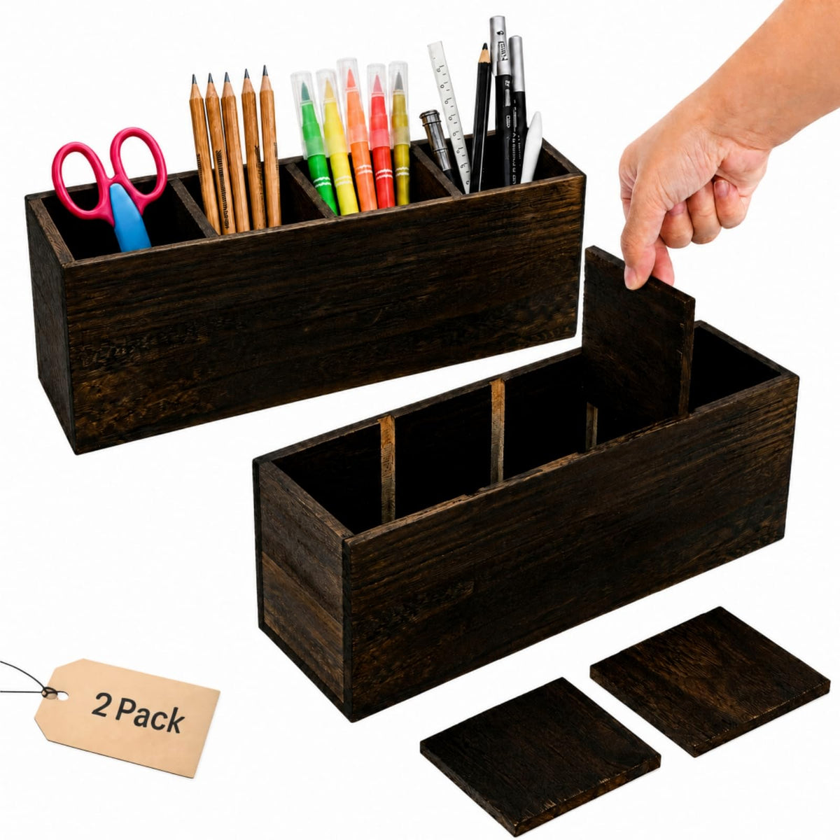 Dicunoy 2 Pack Wooden Pencil Holder for Desk, Rustic Wood Remote Control Holder Caddys, Retro Table