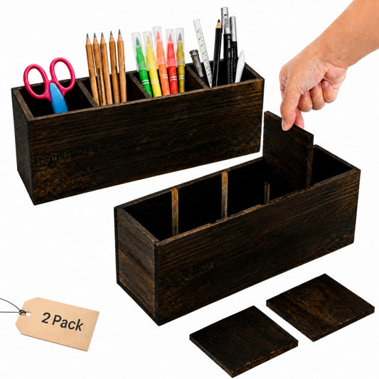 Dicunoy 2 Pack Wooden Pencil Holder for Desk, Rustic Wood Remote Control Holder Caddys, Retro Table