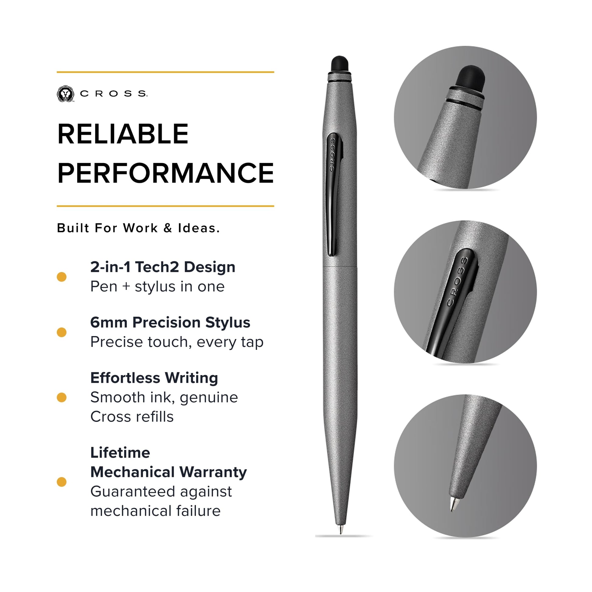 Cross Tech2 Titanium Gray Ballpoint Pen, Medium Point, Black Ink
