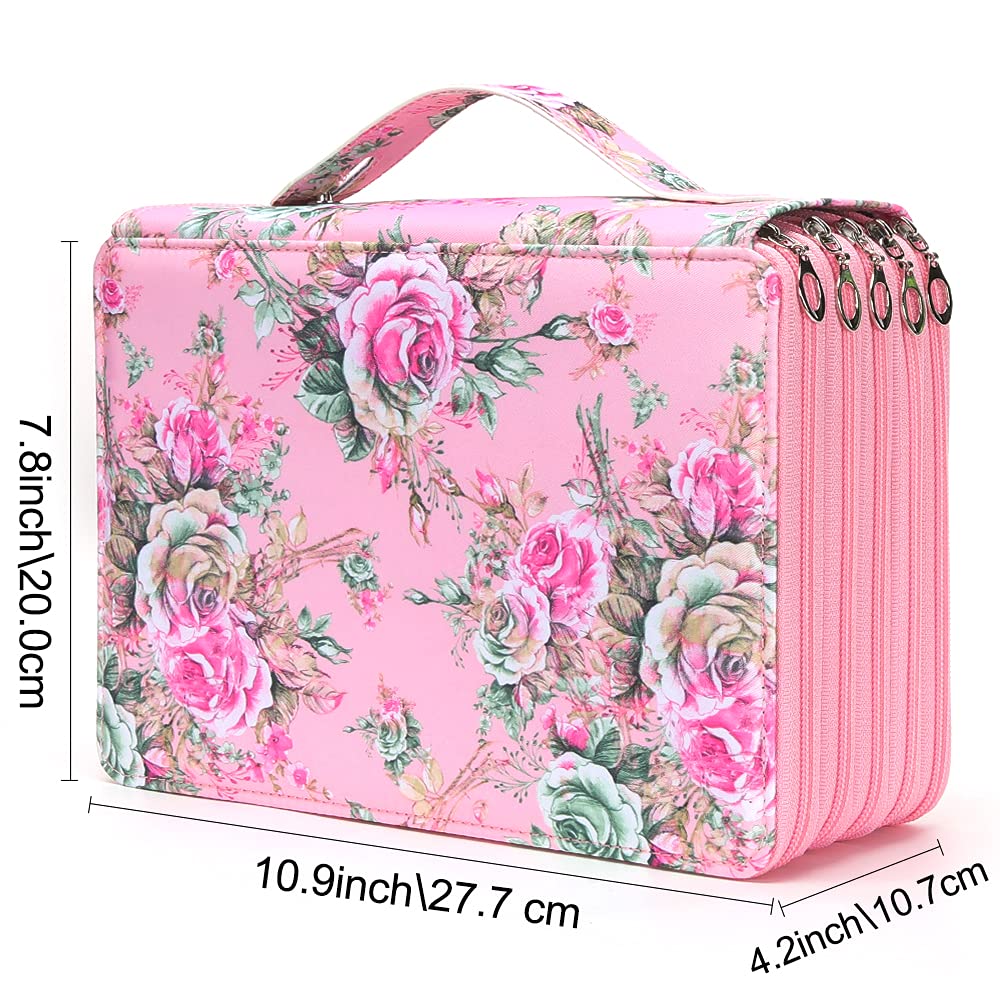Vomgomfom 252 Slots Pencil Case 5-Layer PU Leather, Handle, Pink Flower