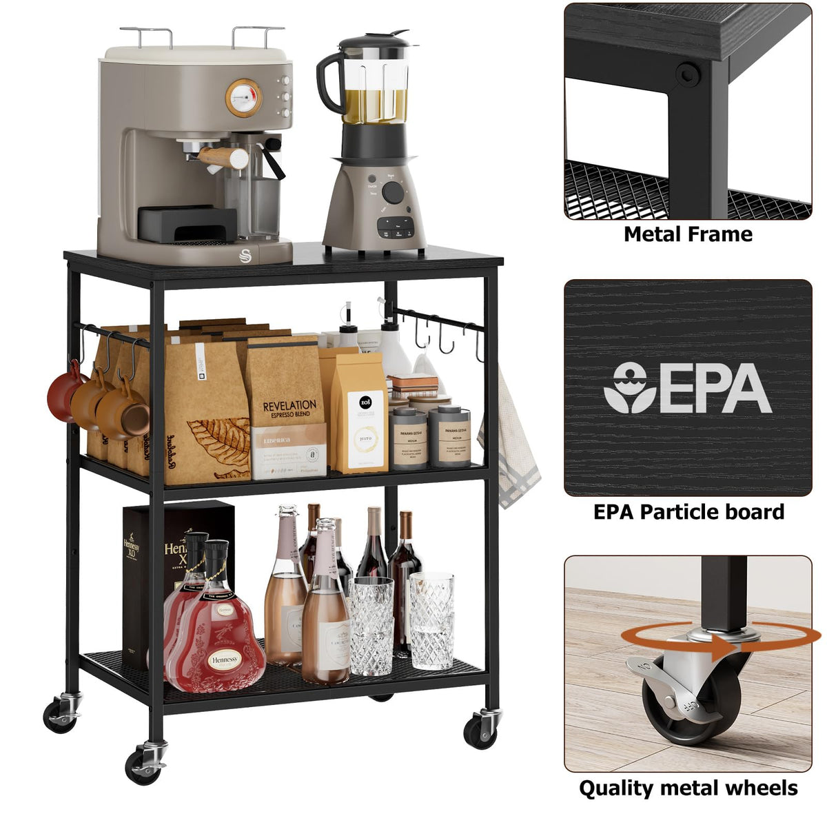 Homleke 3-Tier Rolling Kitchen Microwave Cart, Utility Cart