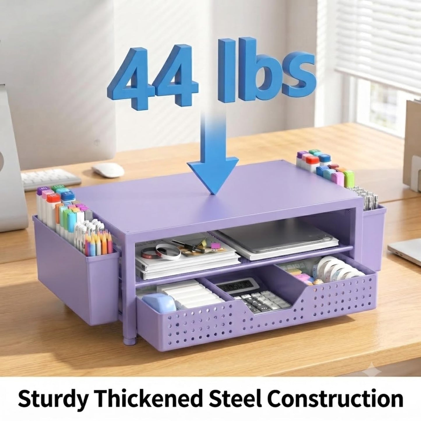 ECOLOVI Desk Organizer and Accessories, 2-Tier Computer Monitor Stand Rise with Storage Drawer & 2