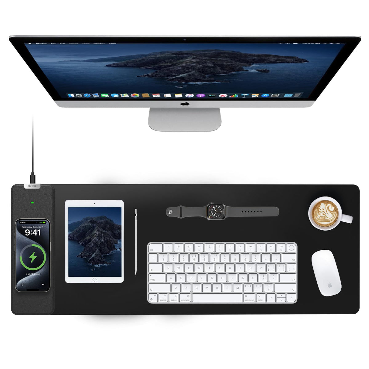 TopMade Wireless Charging Mouse Pad, 31.5"x11.81" XXL Large Desk Mat, Black