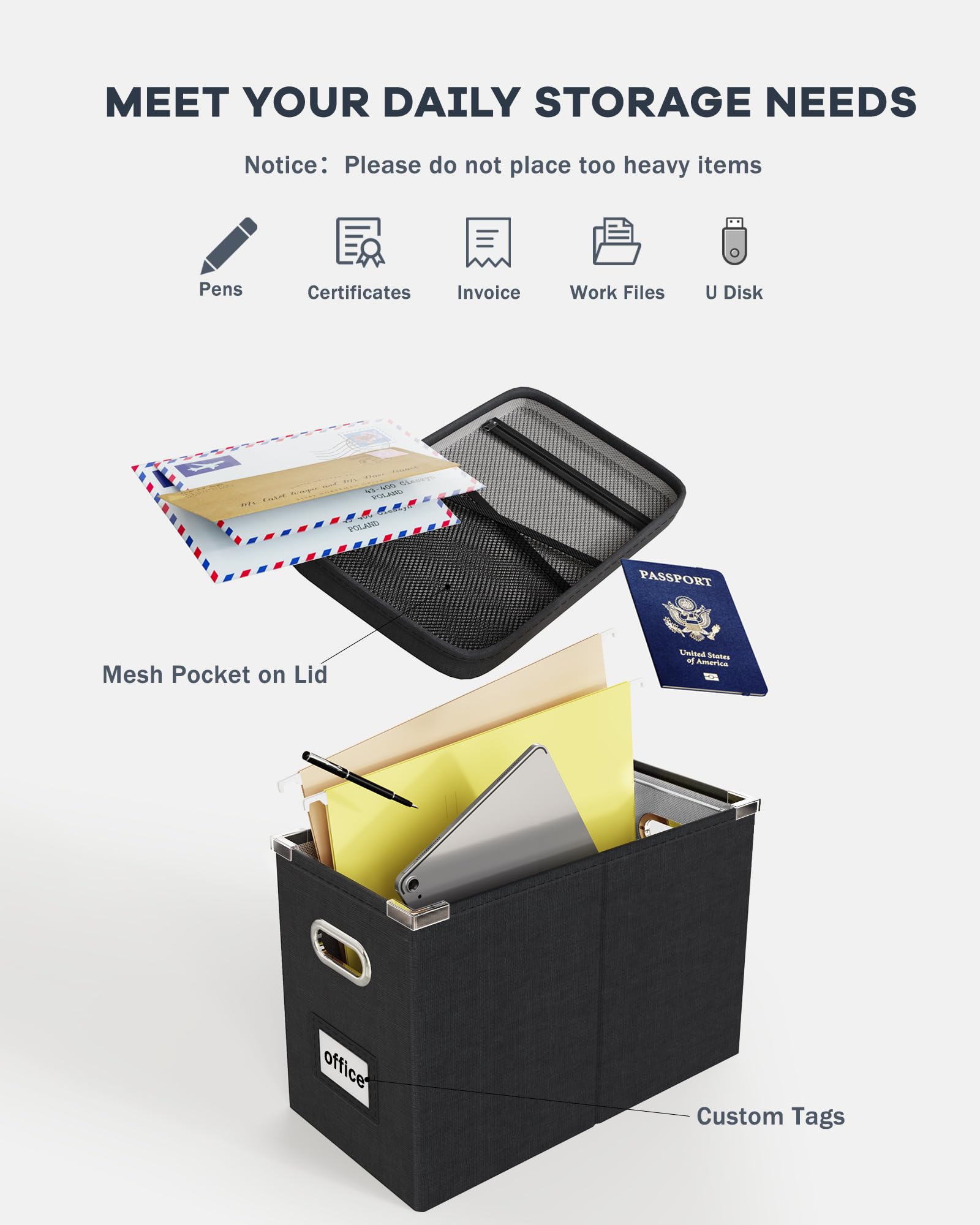Oterri File Organizer Box with Lid, Hanging Filing File Box with Mesh Pocket, Document Organizer