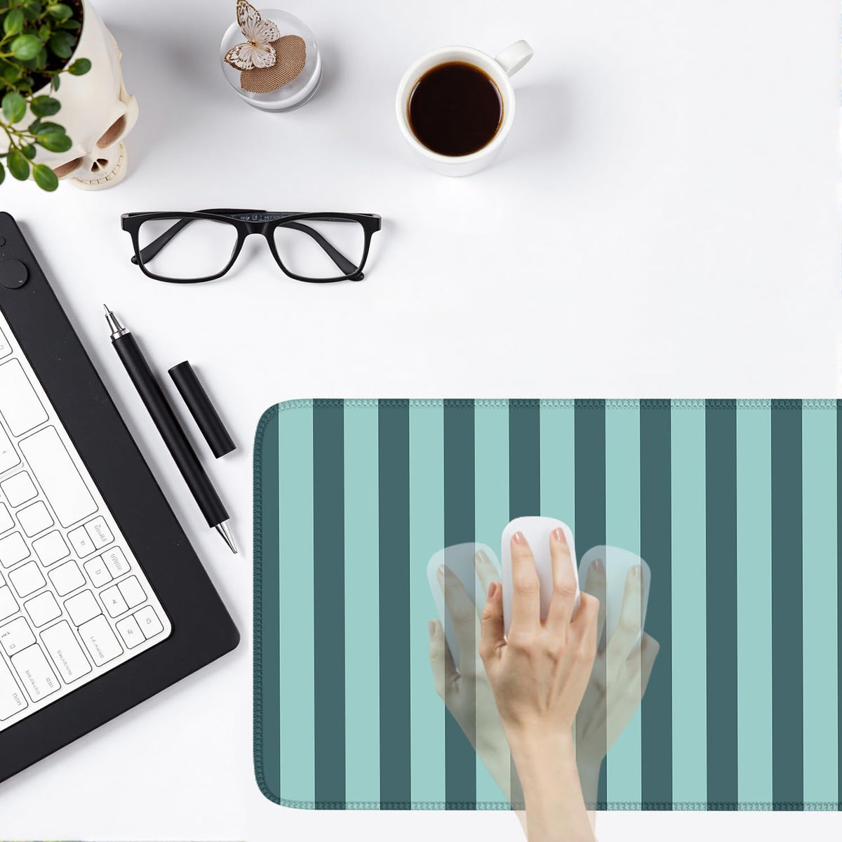 Teal Blue Striped Desk Mat Cute Pastel XXL Large Gaming Mouse Pad Desk Pad Kawaii Cozy Aesthetic