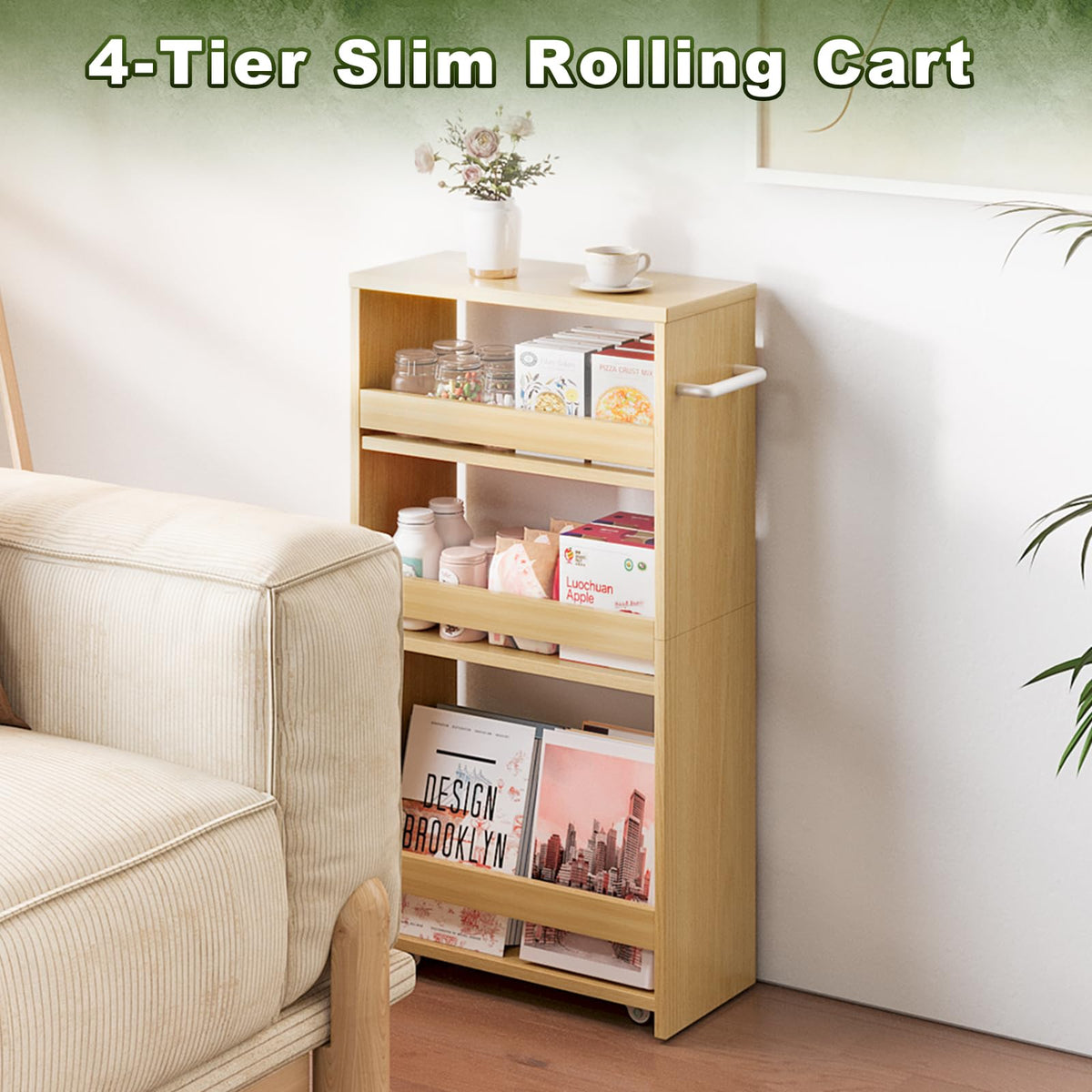 MARTY Slim Rolling Storage Cart, Wood Utility Kitchen Bathroom Laundry Cart