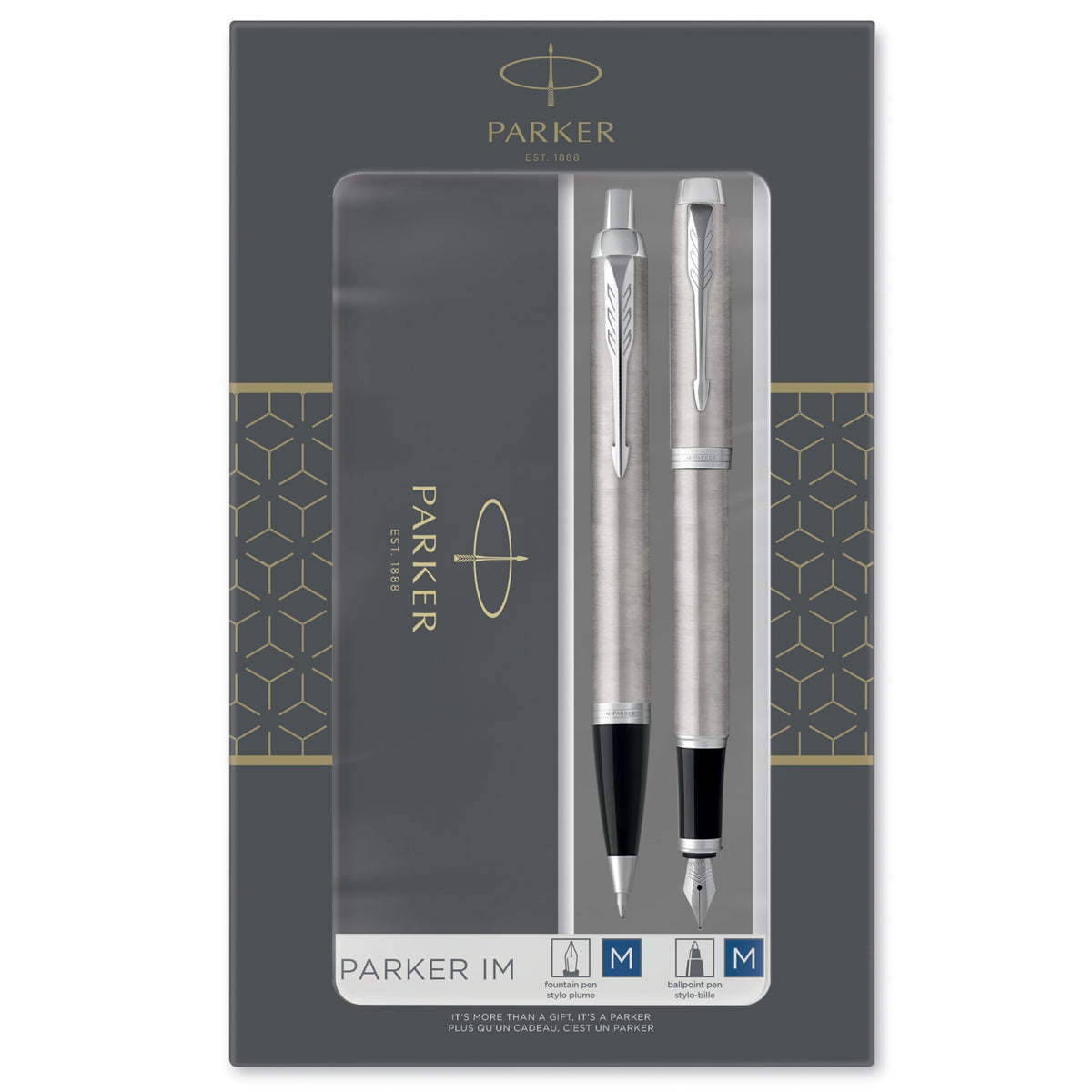 Parker IM Duo Gift Set with Ballpoint Pen & Fountain Pen | Stainless Steel Chrome Trim | Blue Ink
