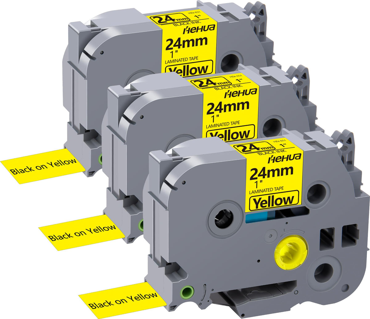 Hehua TZ651 3PK Compatible for Brother 24mm Label Tape Black on Yellow