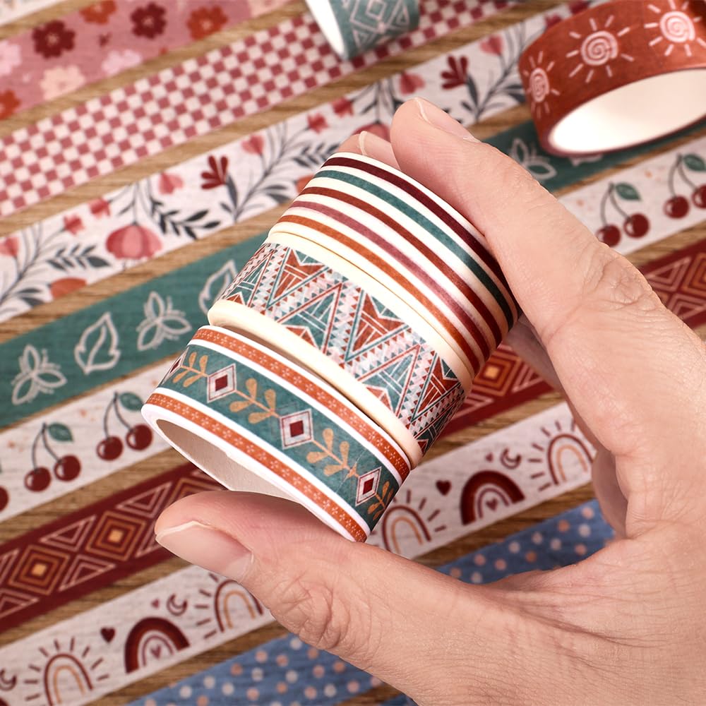 icceemee 20 Rolls Bohemia Theme Washi Tape Set,Writable Decorative Tapes for Scrapbooking, Junk
