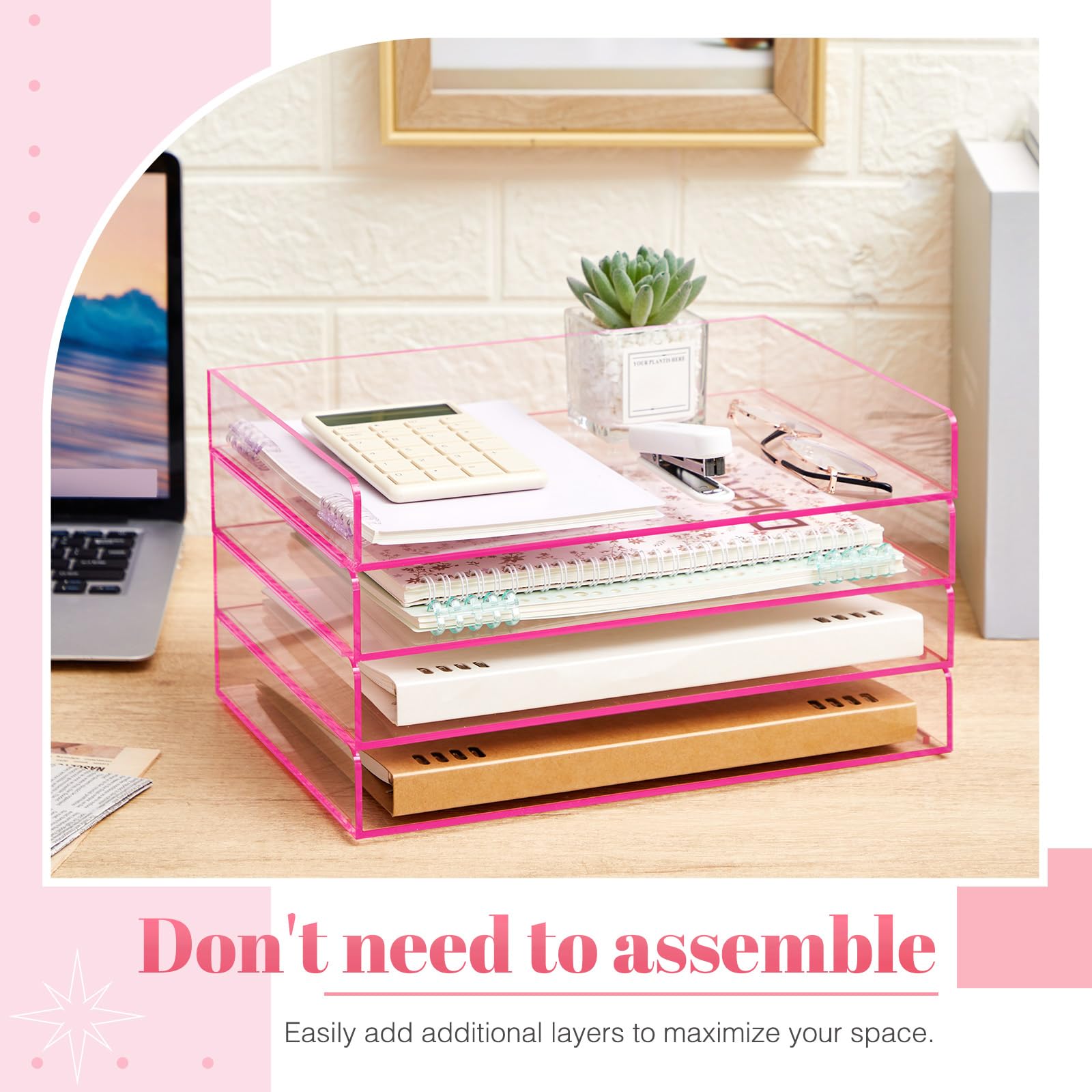 Harloon 4 Tier Clear Hot Pink Acrylic Paper Organizer Letter Tray, Aesthetic Stackable Low Profile