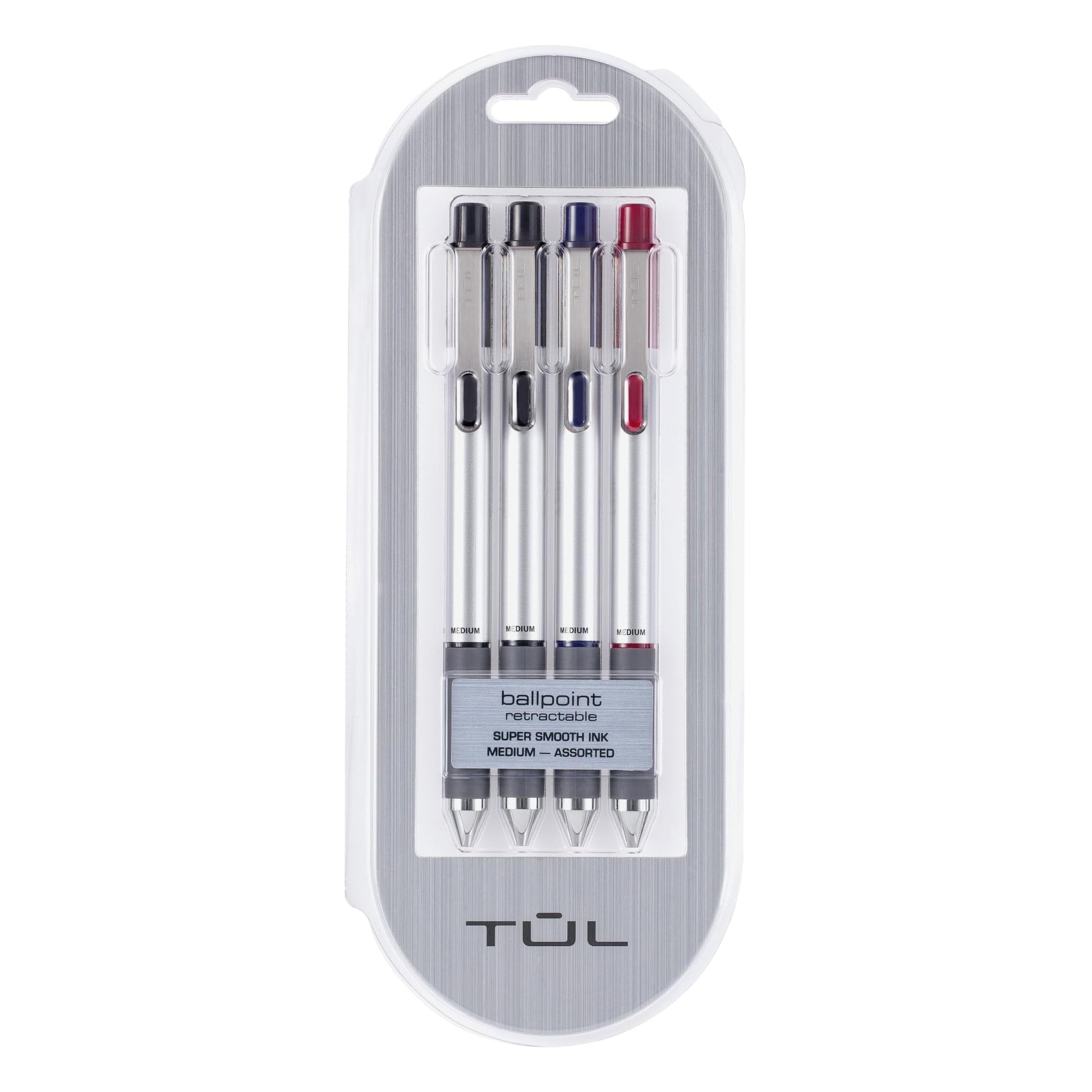 TUL BP3 Ballpoint, Retractable, Medium Point, 1.0 mm, Silver Barrel, Assorted Ink Colors, Pack Of 4