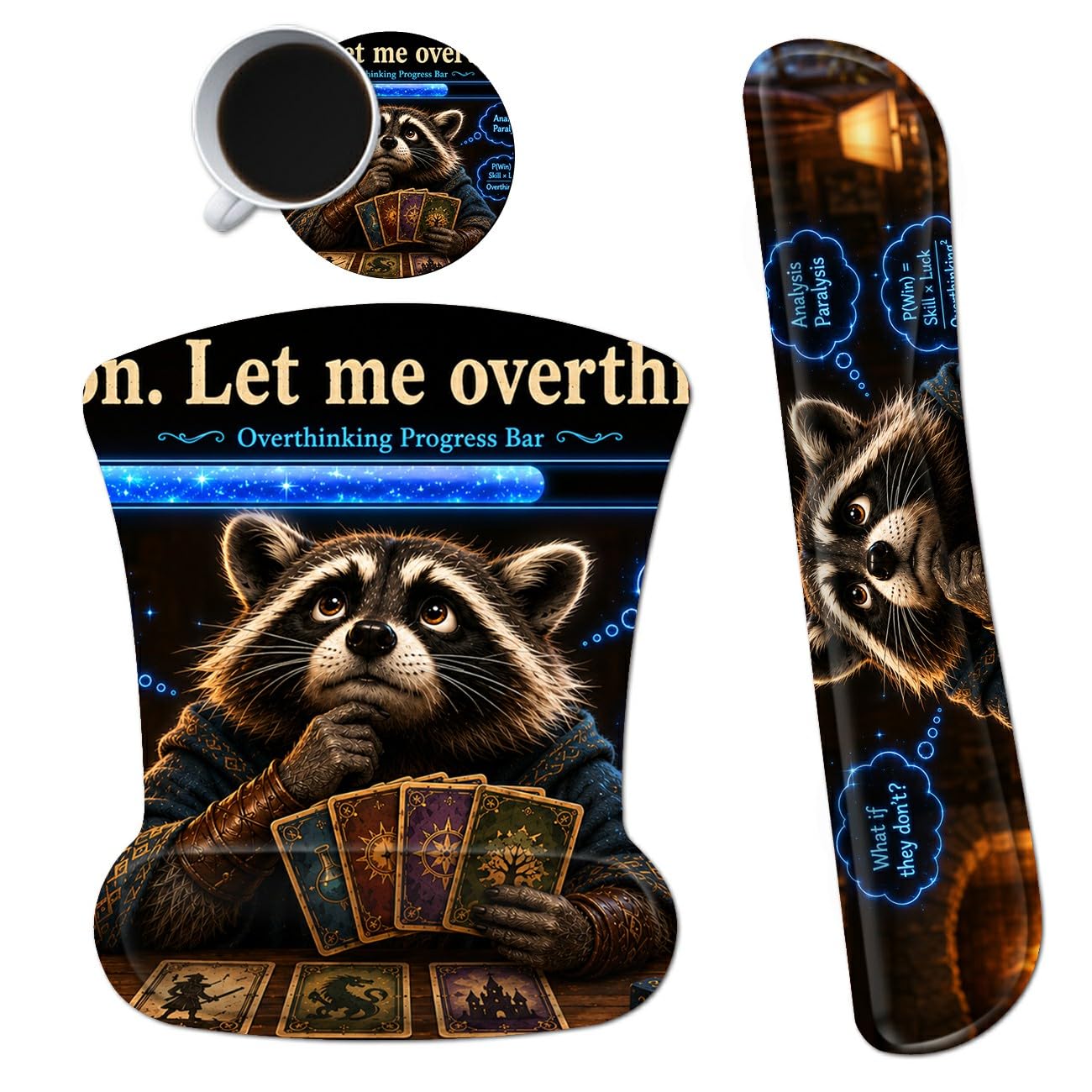 3-in-1 Ergonomic Memory Foam Keyboard Wrist Rest Pad Set, Raccoon