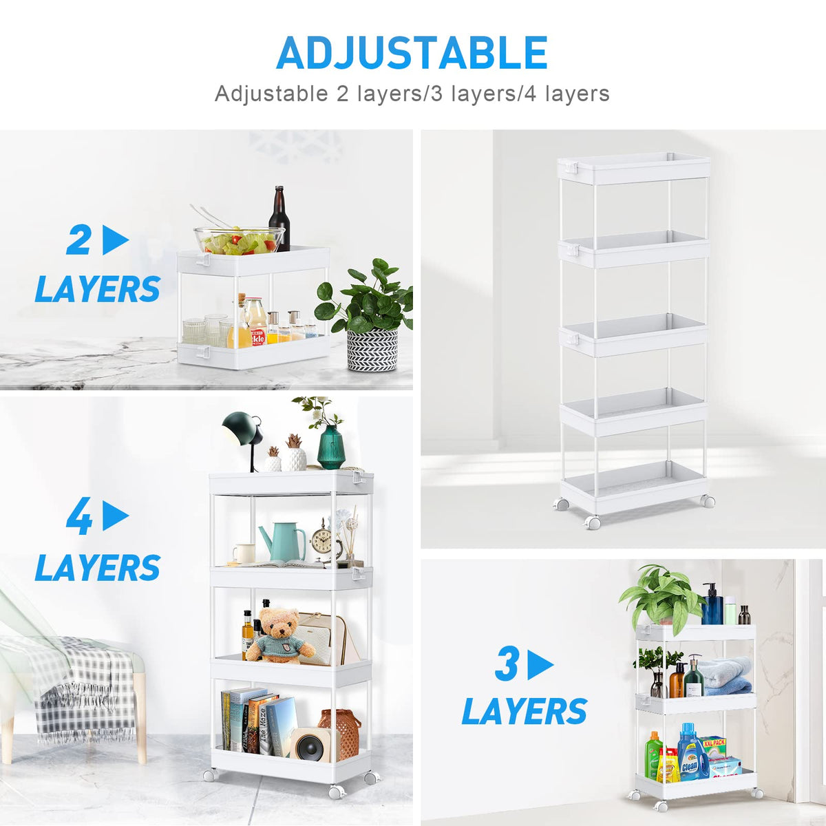 SPACEKEEPER 5 Tier Storage Rolling Cart, Bathroom Cart with Wheels, White
