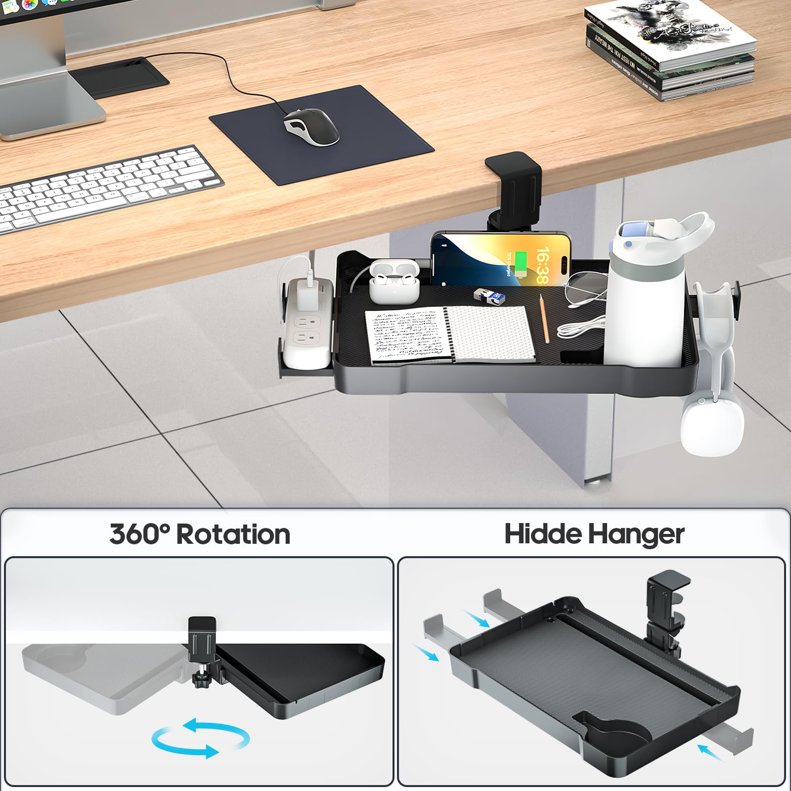KDD Under Desk Organizer - 360° Rotating Clamp-On Tray with Headphone Hook, Phone & Tablet Holder