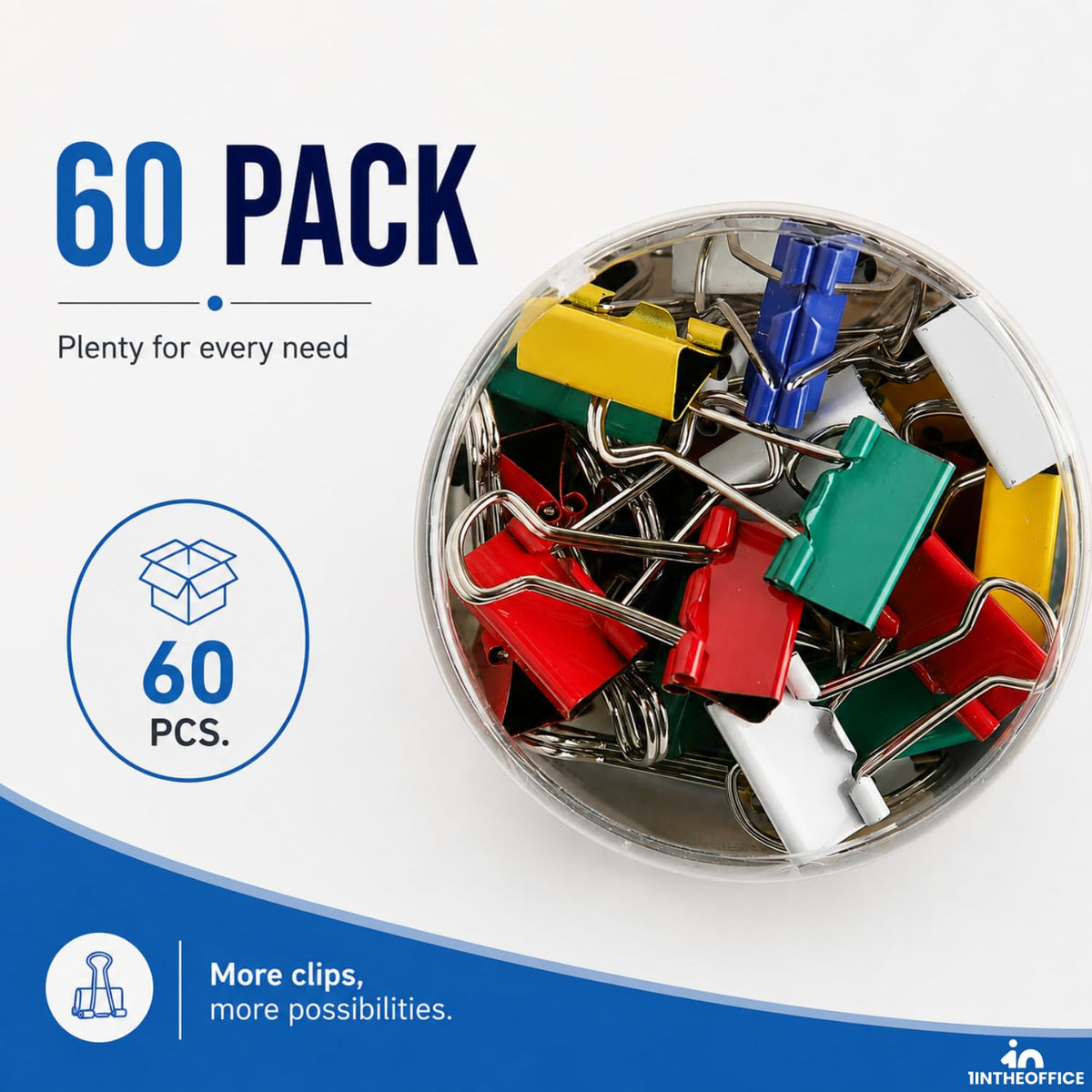 1InTheOffice Multicolored Binder Clips, Mini, 60ct