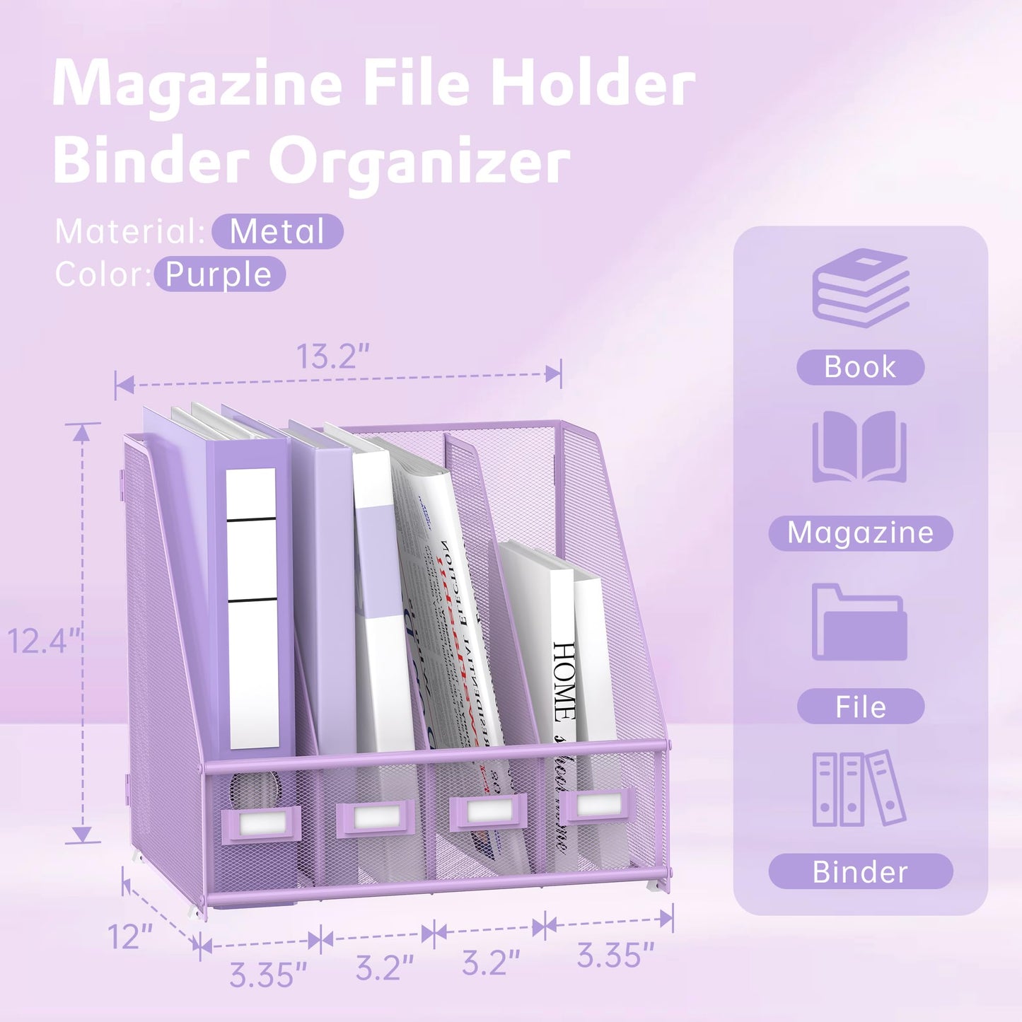 4-Compartment Magazine File Holder and File Organizer for Desk, Purple
