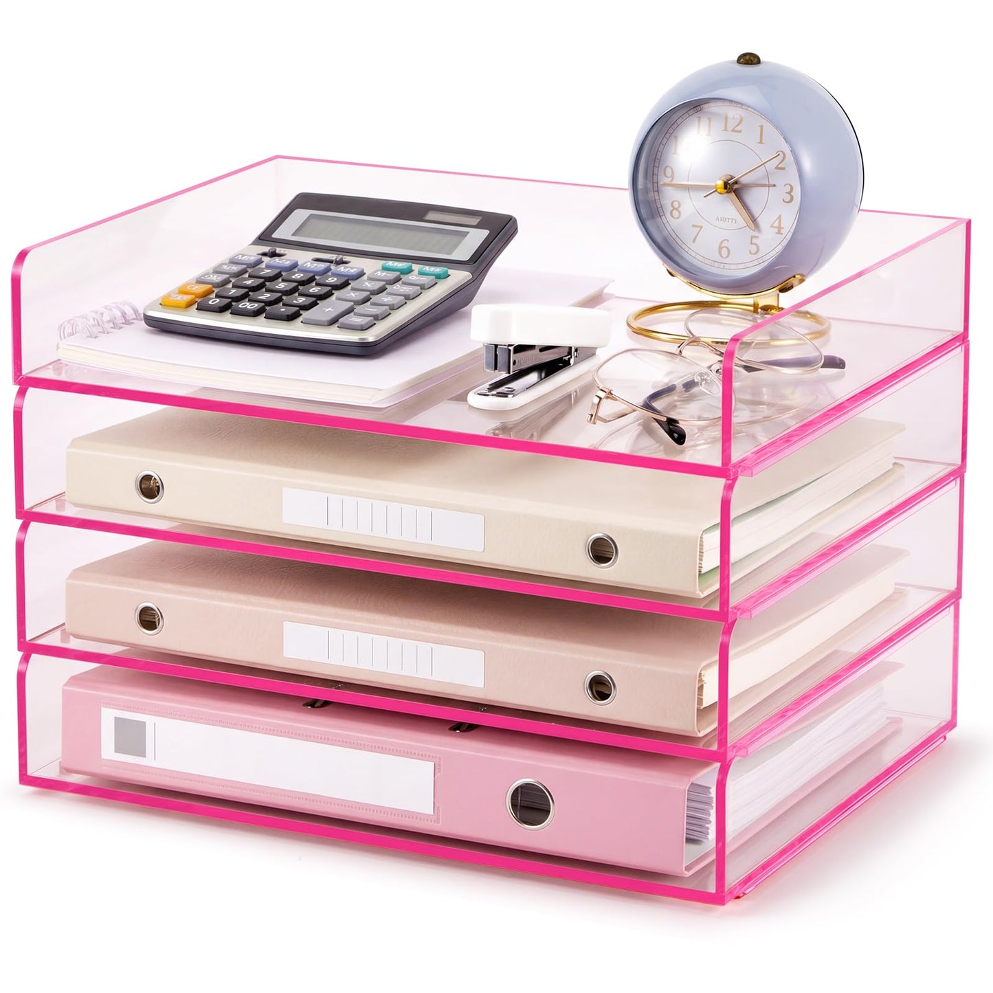 Harloon 4 Tier Clear Hot Pink Acrylic Paper Organizer Letter Tray, Aesthetic Stackable Low Profile