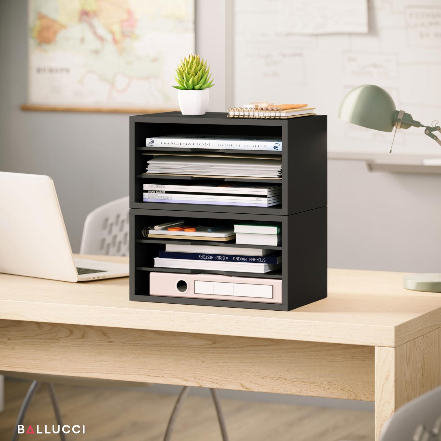 Ballucci File Organizer, 3-Tier Document Paper Sorter, Stackable Wood Desk Organizer, Mail Sorter