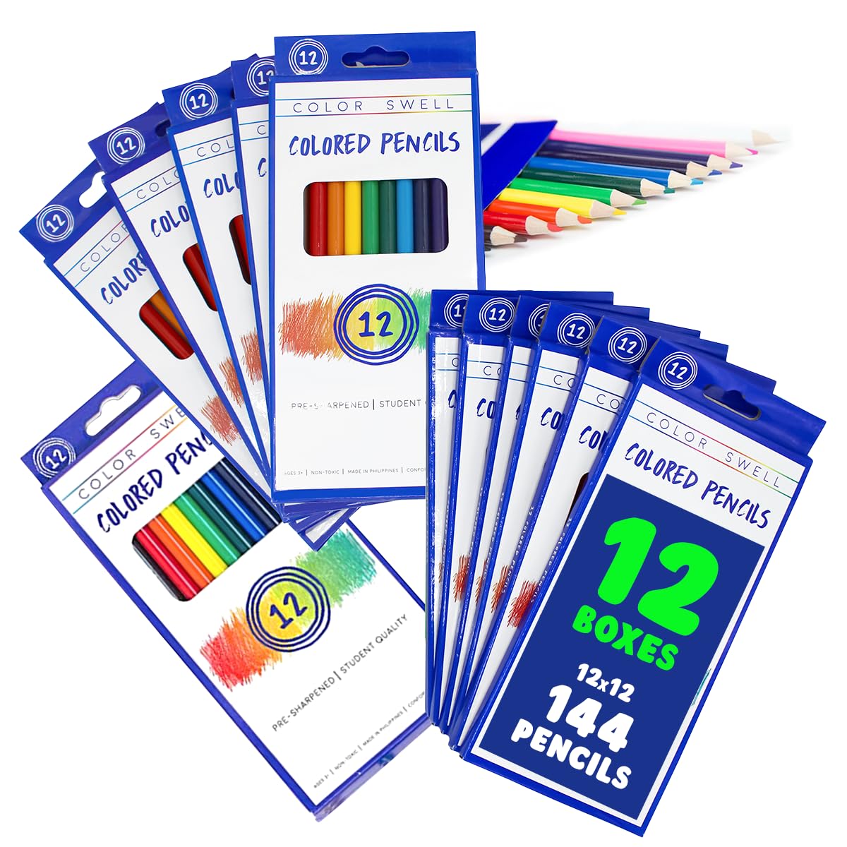 Color Swell Bulk Colored Pencils, Pre-Sharpened, 12 Packs (144 Total)