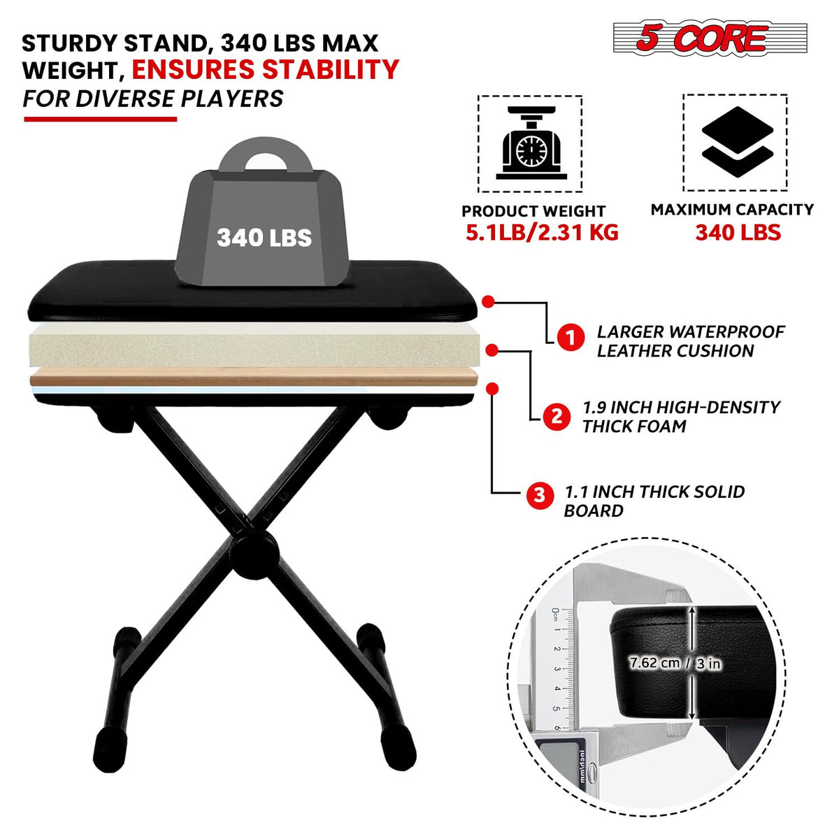 5 CORE Keyboard Bench 3 Inch Padded Cushion Adjustable 14.5" to 20.5" Piano Stool Heavy Duty
