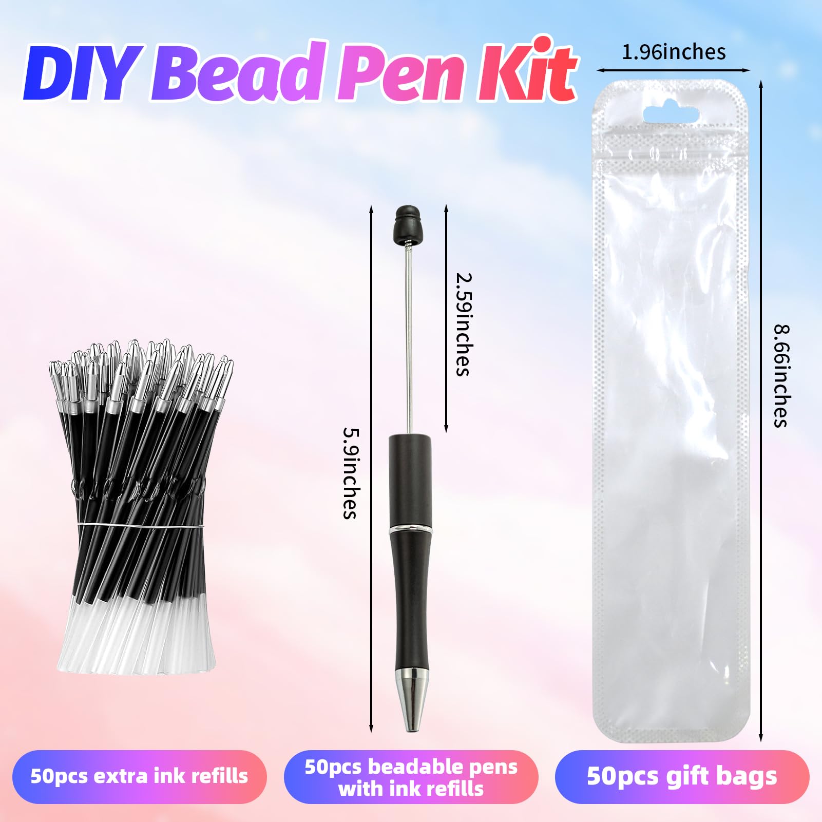 DASTTUIS 300 Pieces DIY Beadable Pen Kit – 100 Plastic Ballpoint Pens with Refills & Bags – School