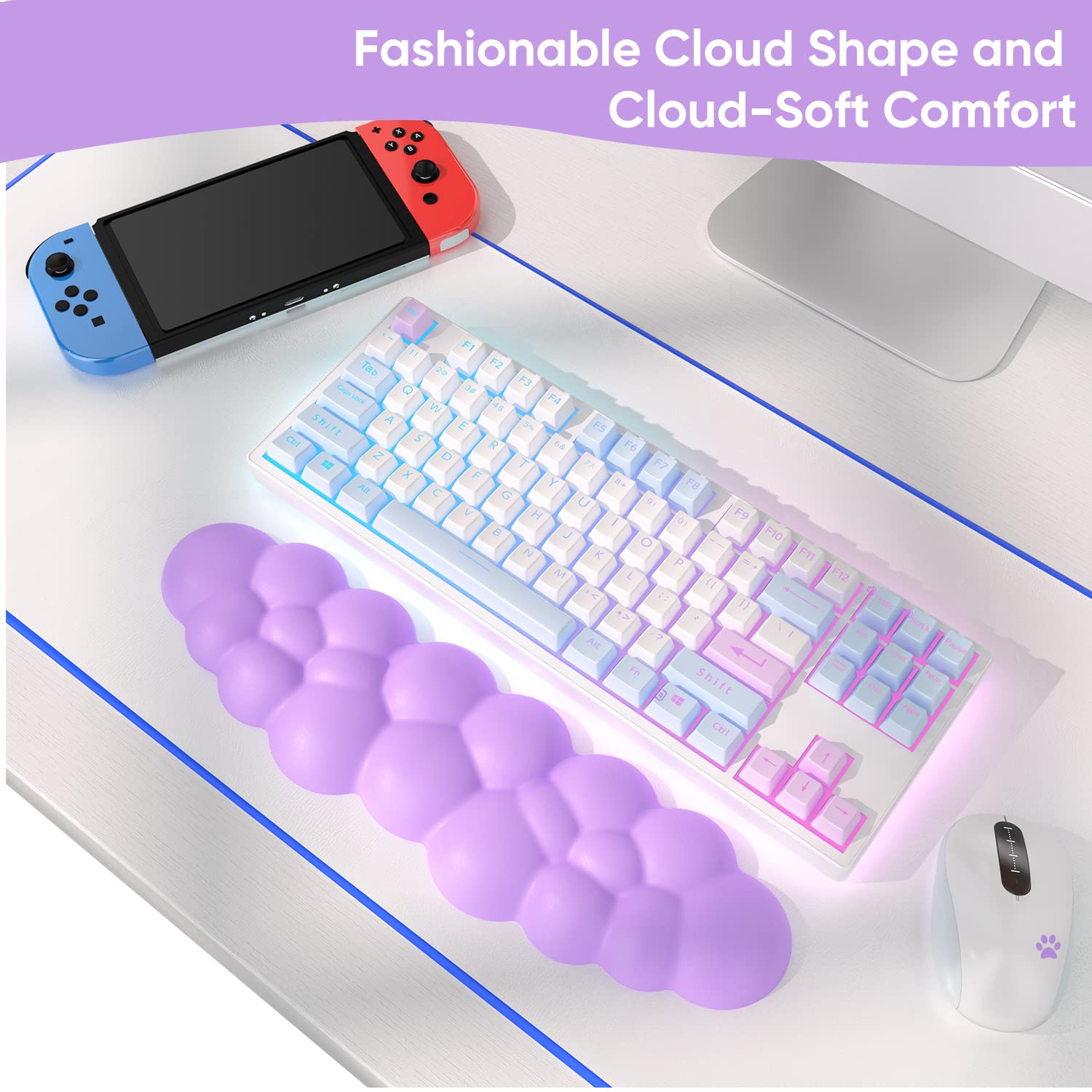 Sushret Cloud Wrist Rest Keyboard, Purple Cloud Palm Rest with PU Leather Memory Foam Cute Keyboard