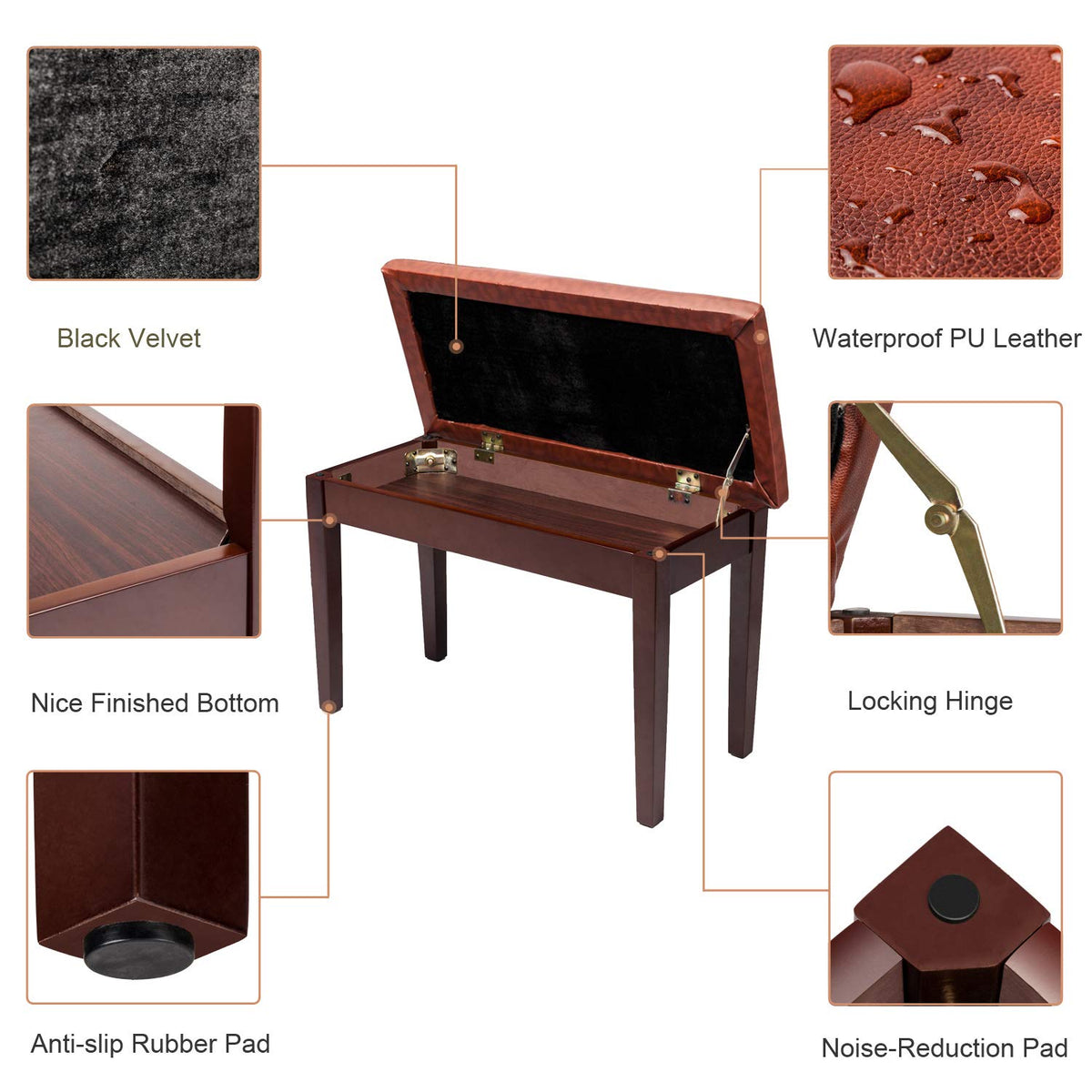 Bonnlo Wooden Duet Piano Bench with Storage, Hinged Lid, Brown