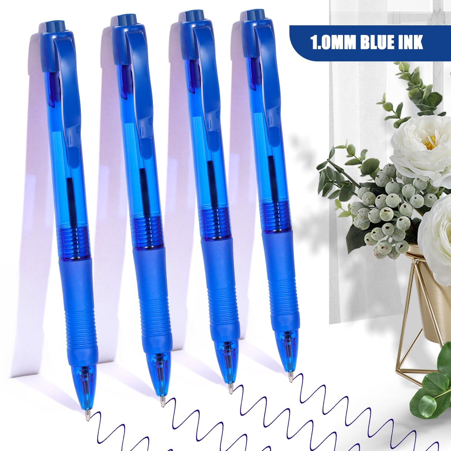 deegtran Pens Bulk, 50 Pack No Bleed Blue Ink Click Pens with Soft Grip, Wholesale Retractable