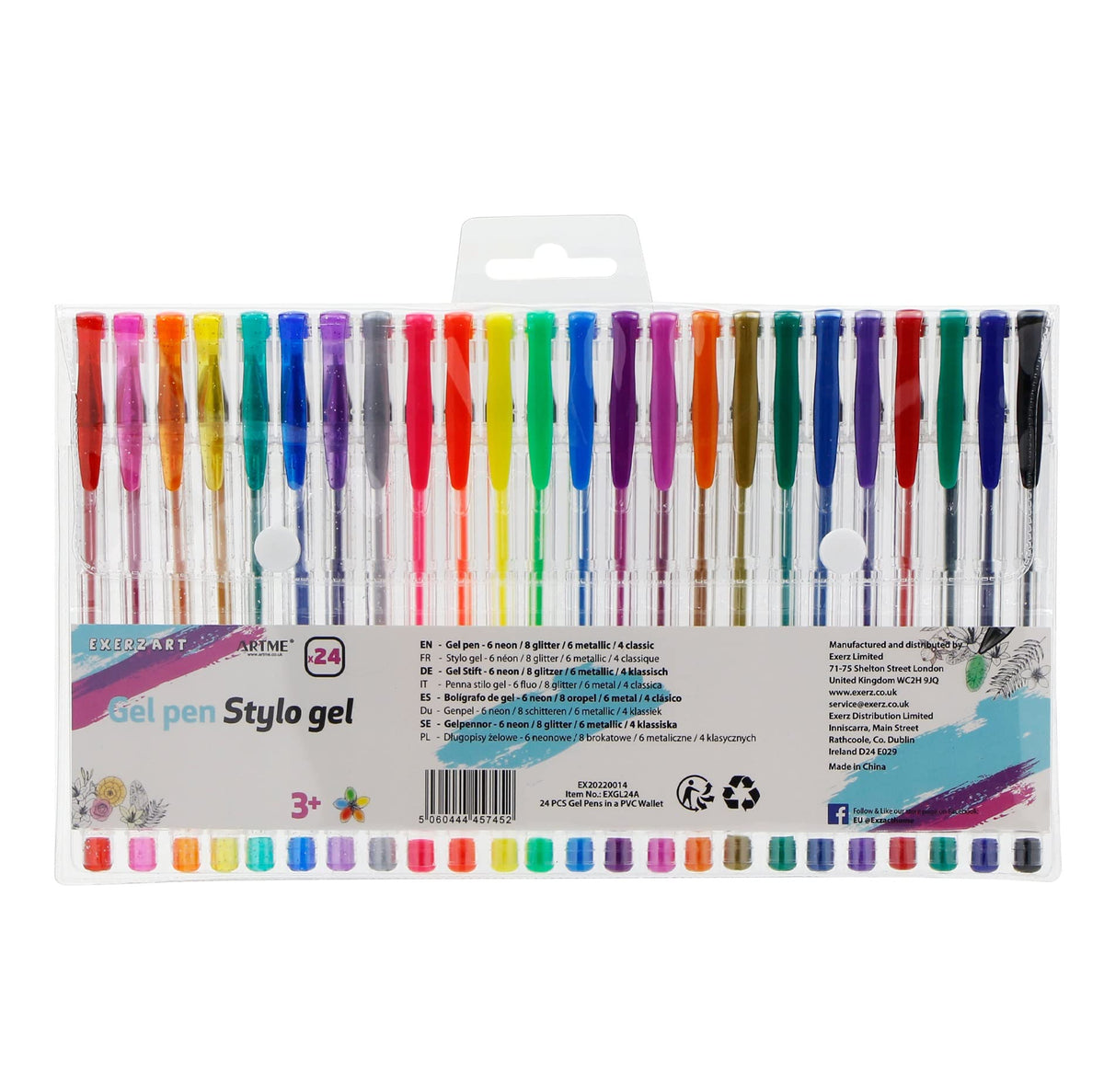 Exerz Gel Pen Set 24pcs Rainbow Colour Arts and Crafts -Fine Ink Ballpoint Pens, Vibrant Colour