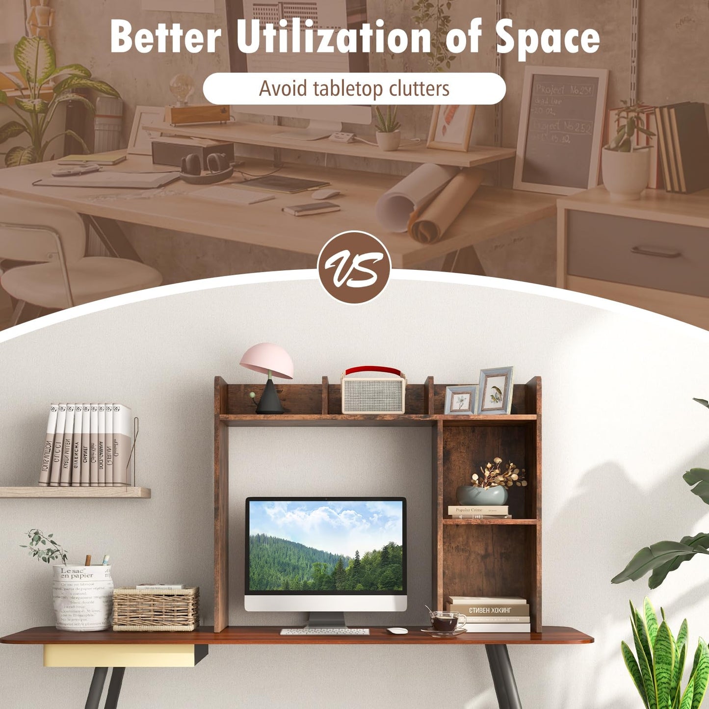 Giantex Desktop Bookshelf, Wood Desk Hutch Organizer for 27 Inch Computer Monitor, Countertop